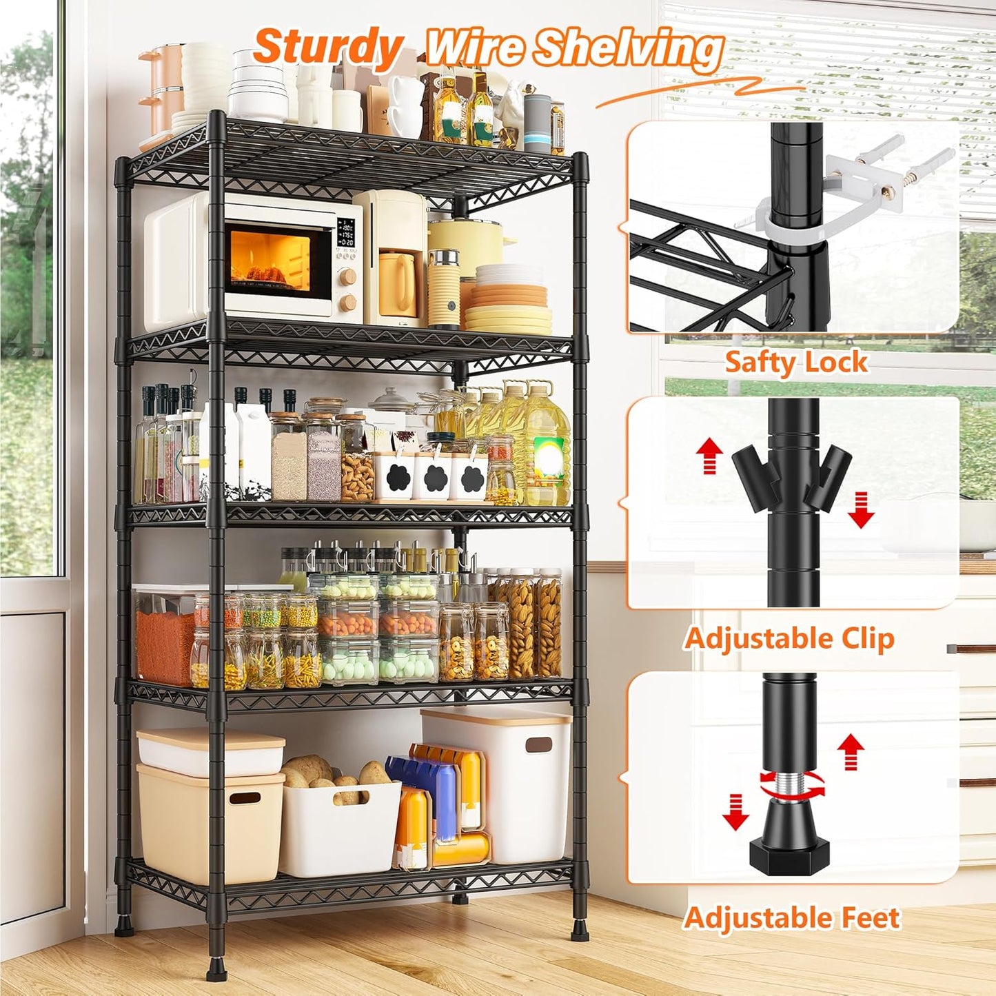 REIBII Metal Shelving 5 Tier Wire Sturdy Storage Shelves Adjustable Steel Organizer Wire Rack for Kitchen Laundry Room Commercial School Storage Room Black 63“Hx 21.65“L x 11.8”D