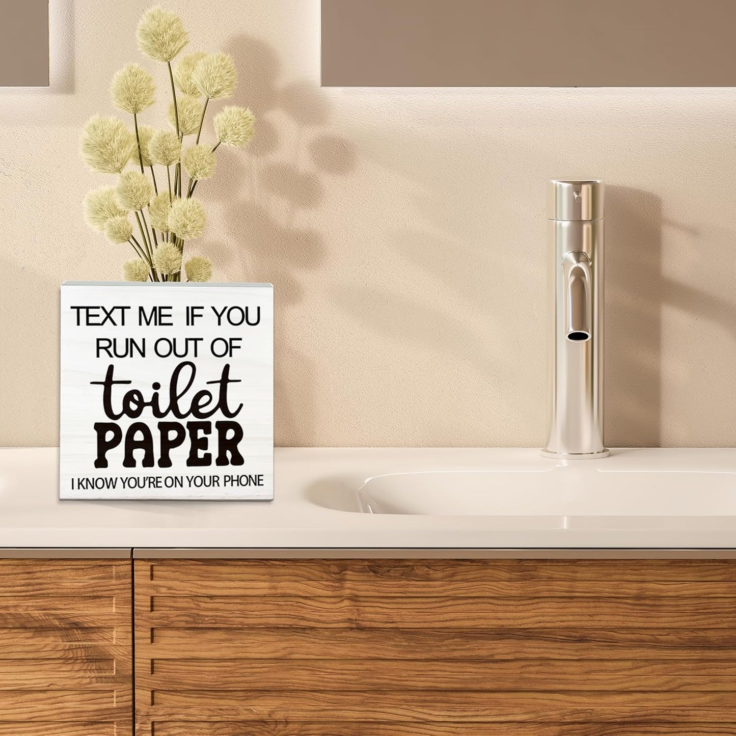 Text Me If You Run Out Of The Toilet Paper Wooden Sign - Funny White Block Plaque Desk Decoration-5x5 inches Wood Block Gifts For Friends Family-Restroom Bathroom Tabletop Favors & Supplies-A06