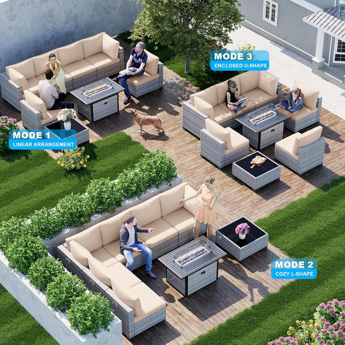 8-Piece Modern Patio Conversation Set with 55,000 BTU Fire Pit Table, Thick Cushions, Dual-Strand Wicker Rattan, Rust-Resistant Frame, Khaki