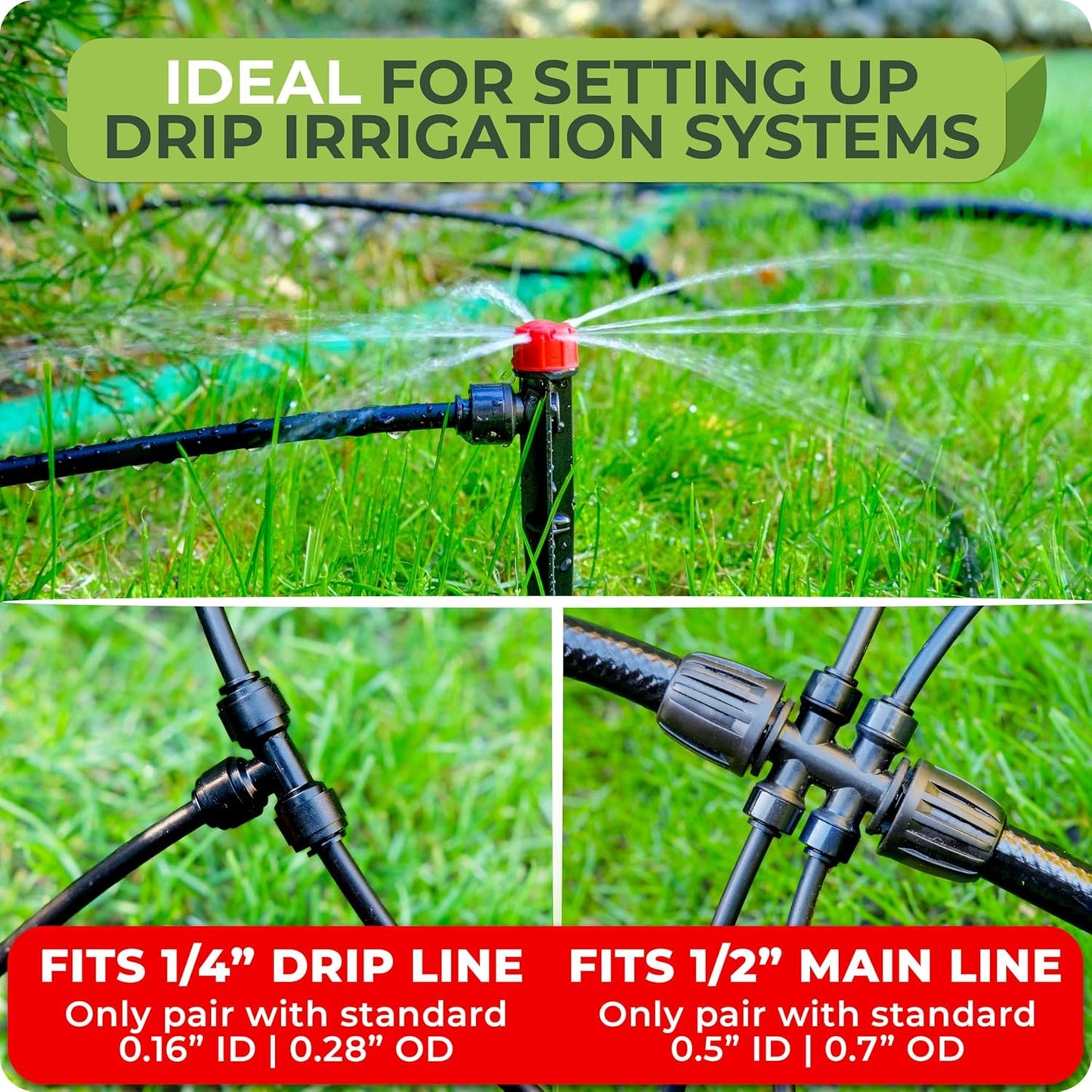 Carpathen Drip Irrigation Fittings Pack - Push-to-Connect Irrigation System Compatible - 3 x 4Way Coupler 1/2" to 1/4", 3 x 3 Way Tee T Shape Barbed 1/4 Drip Tubing Splitter, 5 x 1/4 End Plugs