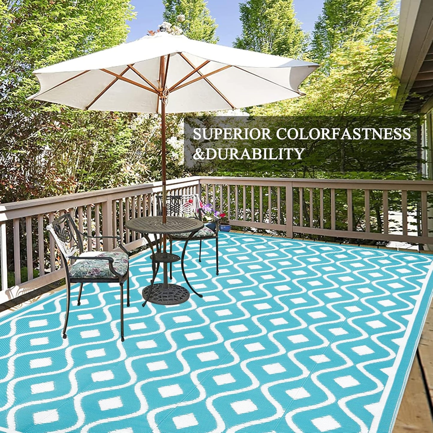 Pauwer Waterproof Outdoor Rug 8x10, Reversible Plastic Straw Patio Camping Rug, Indoor Outdoor RV Mat Carpet for Deck, Camper, Porch, Balcony, Backyard, Picnic, Geometric Teal