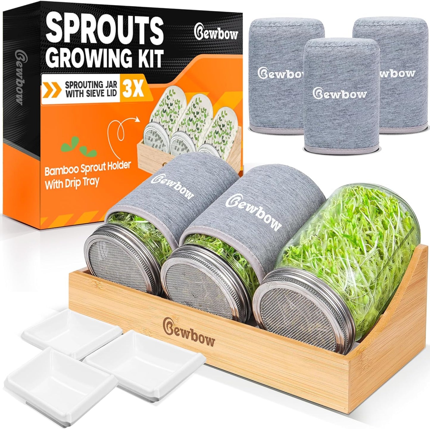 [Upgraded] 3 PCS Seed Sprouting Mason Jar Kit with Bamboo Holder, Drain Tray, Screen Lids, Blackout Sleeves, Good Ventilation & Drainage Capacity, Growing Fresh Organic Mung Beans & Microgreens