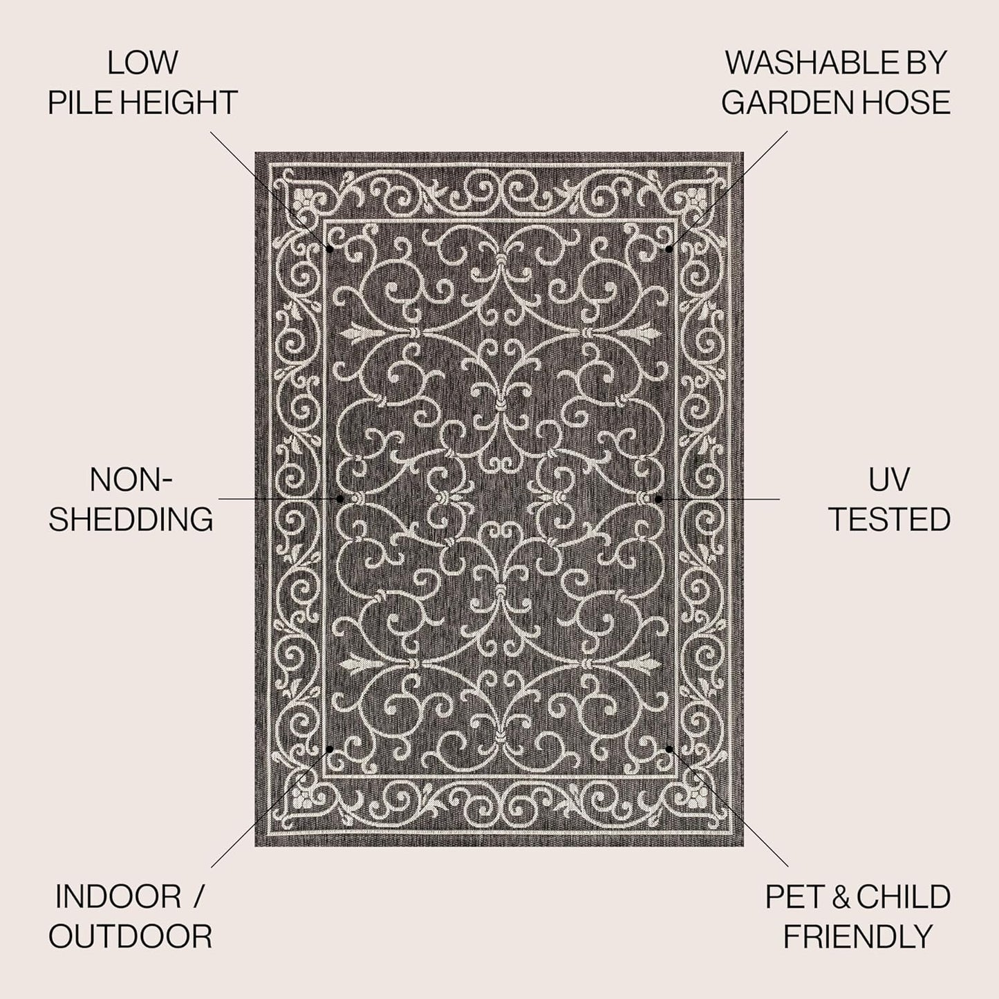 JONATHAN Y SMB106G-6 Charleston Vintage Filigree Textured Weave Black/Gray 6 ft. x 9 ft. Indoor/Outdoor Area Rug, Pet Friendly, Non-Shedding, Stain Resistant, Easy-Cleaning for Backyard, Patio, Porch