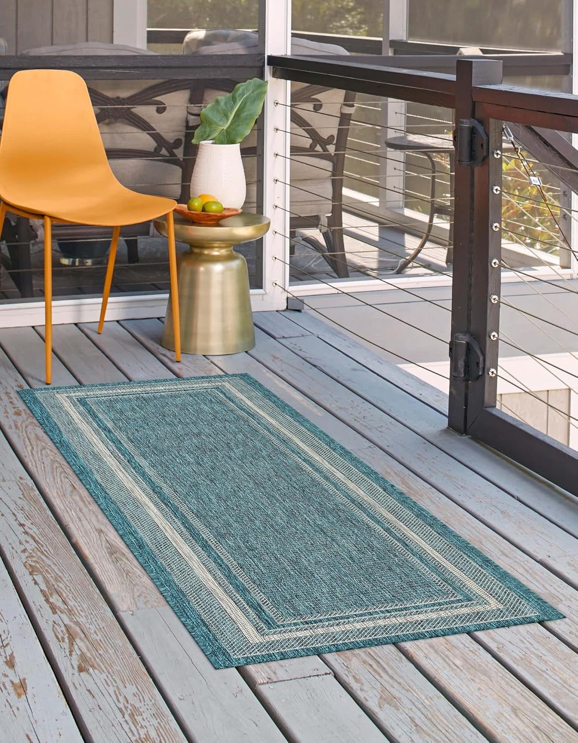 Unique Loom Outdoor Border Collection Area Rug - Soft Border (2'x 6' 1" Runner, Teal/ Ivory)