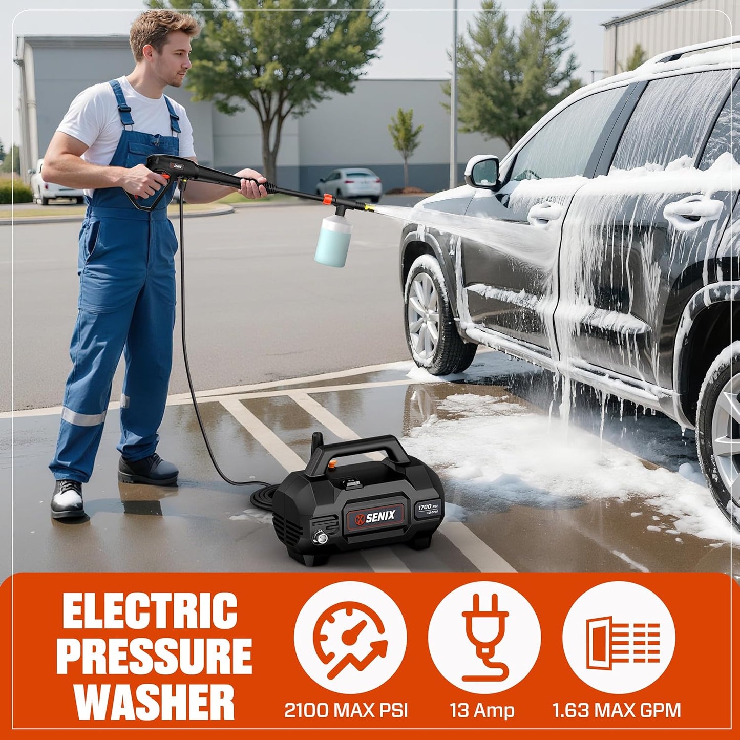 SENIX 13 Amp Electric Pressure Washer - 2100 PSI MAX, 1.2 GPM, Compact with Foam Cannon, Spray Gun, 20-ft Hose, Turbo Nozzle, and 15° Spray Nozzles - Perfect for Cars and Driveways