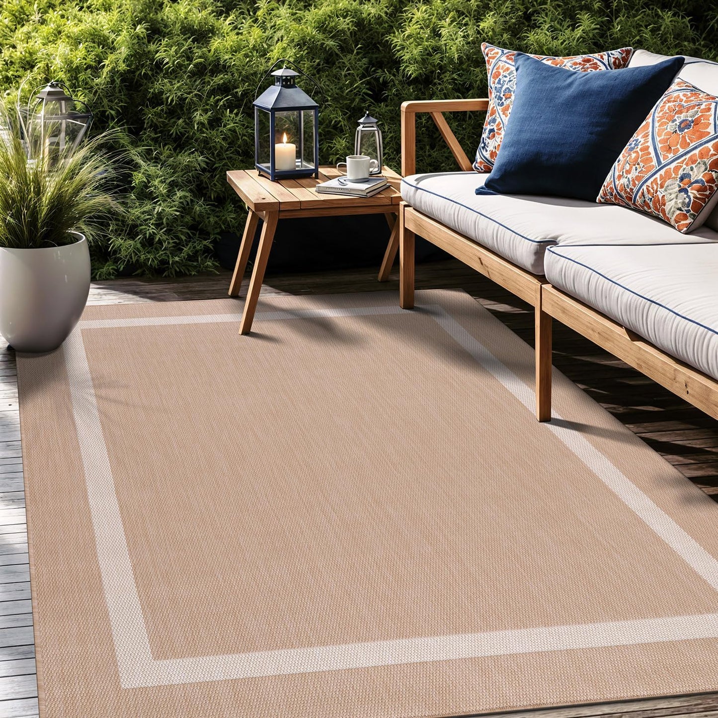 Bordered Outdoor Rug 5x7 Washable Outside Carpet for Indoor Patio Porch Waterproof Easy Cleaning Non Shedding Area Rugs Beige 5 x 7