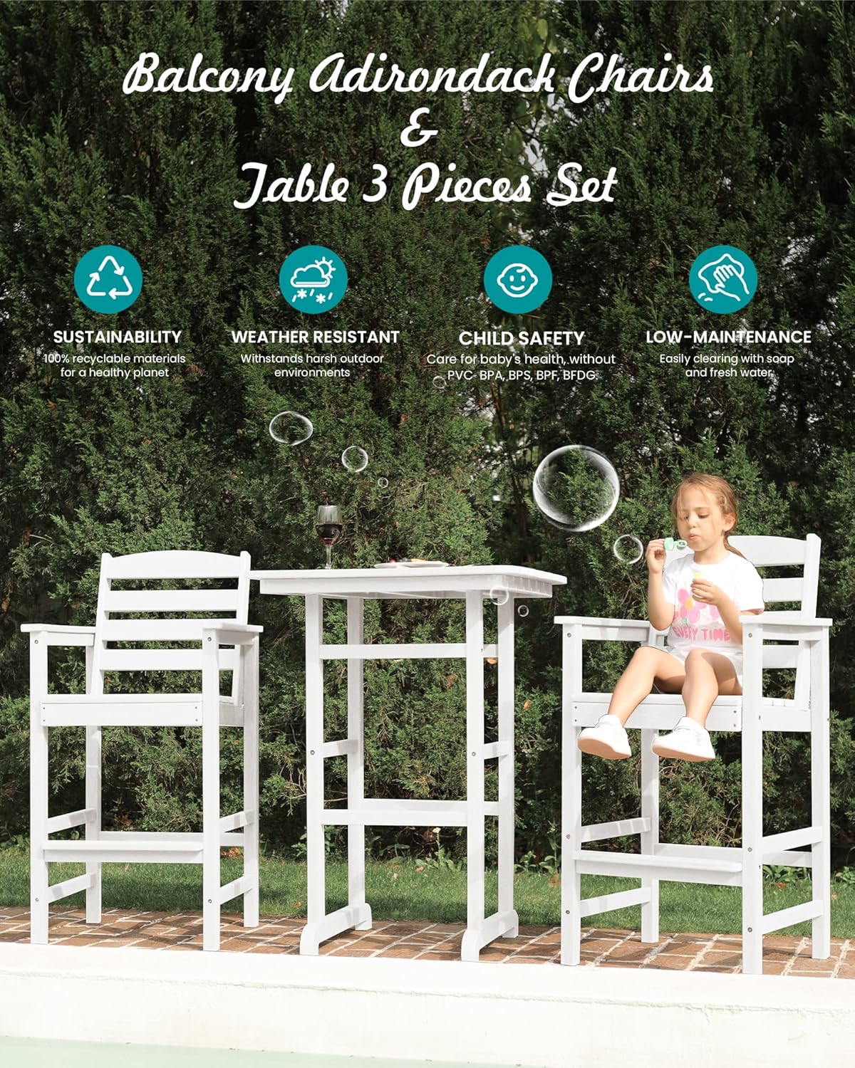 SERWALL Tall Adirondack Chairs Set of 2, Oversize Balcony Adirondack Chairs Set, Outdoor Bar Height Barstools Widened Chair Set for Bistro, Poolside, Garden, White