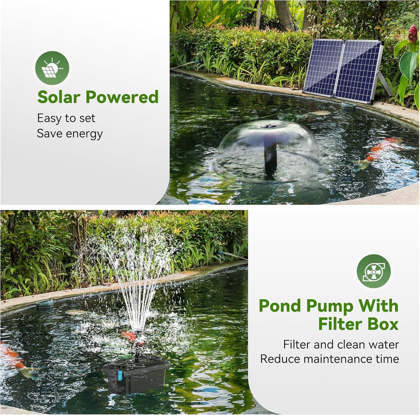 NFESOLAR Pond Filter Fountain with 50W Solar Panel, 580 GPH Water Pump, 10 FT Extension Cord, Solar Fountain Pump with Pond Filter Box Outdoor for Koi Ponds Water Feature Waterfall Pool