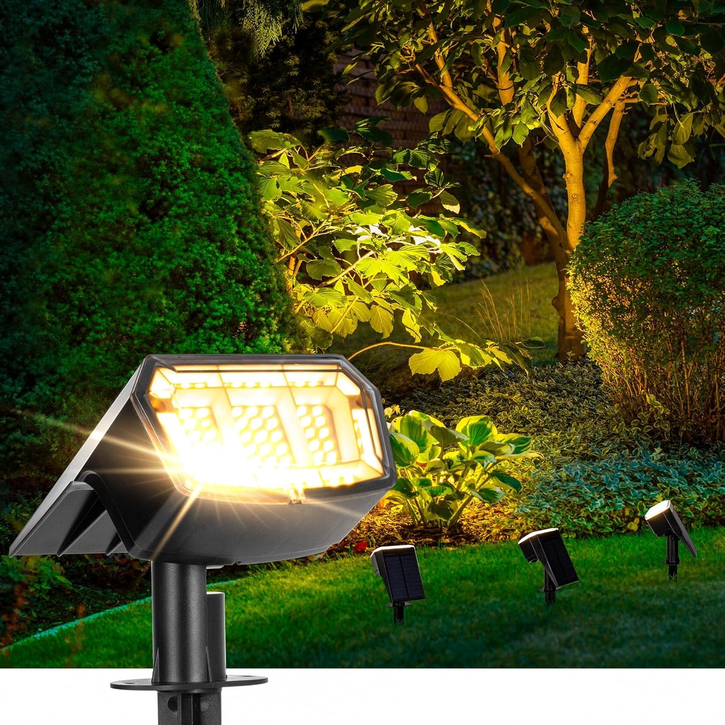 Solar Spot Lights Outdoor Waterproof 1 Pack IP65, 63 LED 3 Lighting Modes Spotlights for Outside Yard Garden House Garage Landscape Lights-Warm White