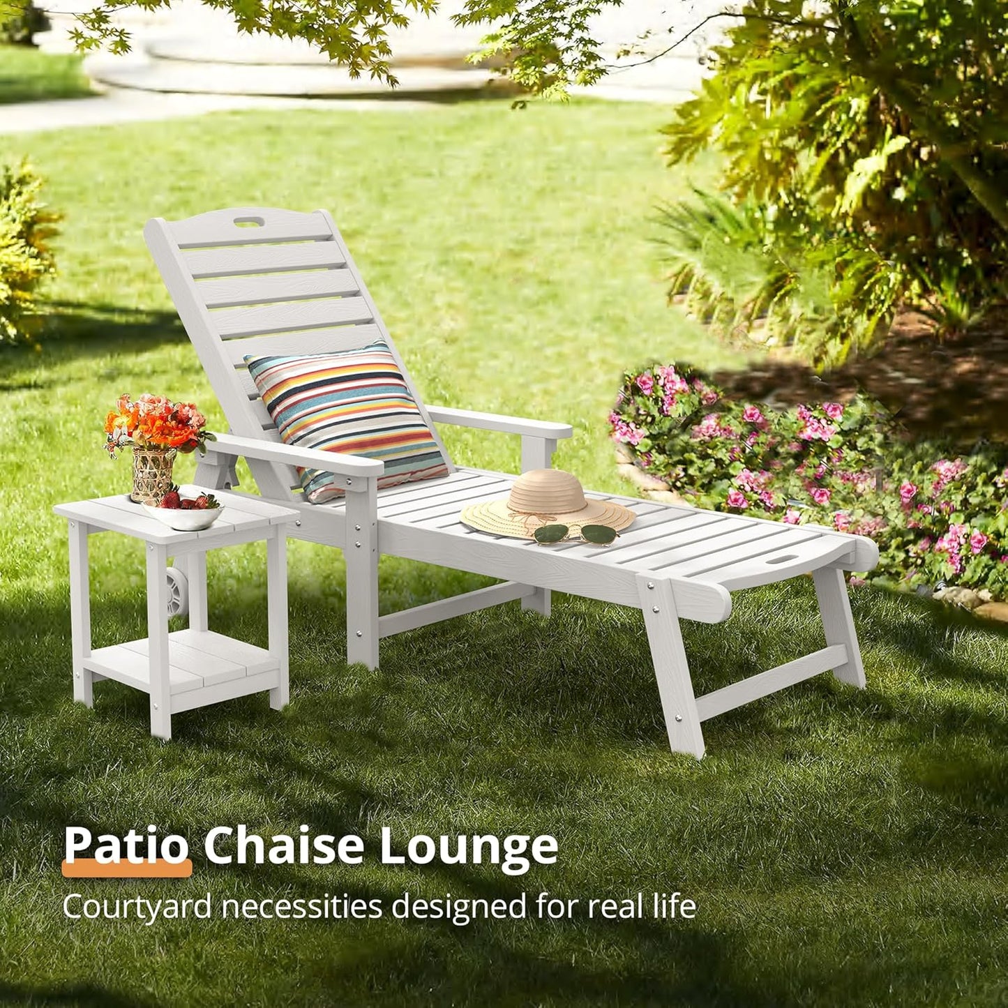 LUE BONA Chaise Lounge Chairs Set with Table, 6-Piece, 79'' Oversized HDPS Chaise Lounger, 5 Positions Adjustable Lounge Chairs, Pool Lounge Chair with Wheels for Poolside, 3 Year Warranty, White