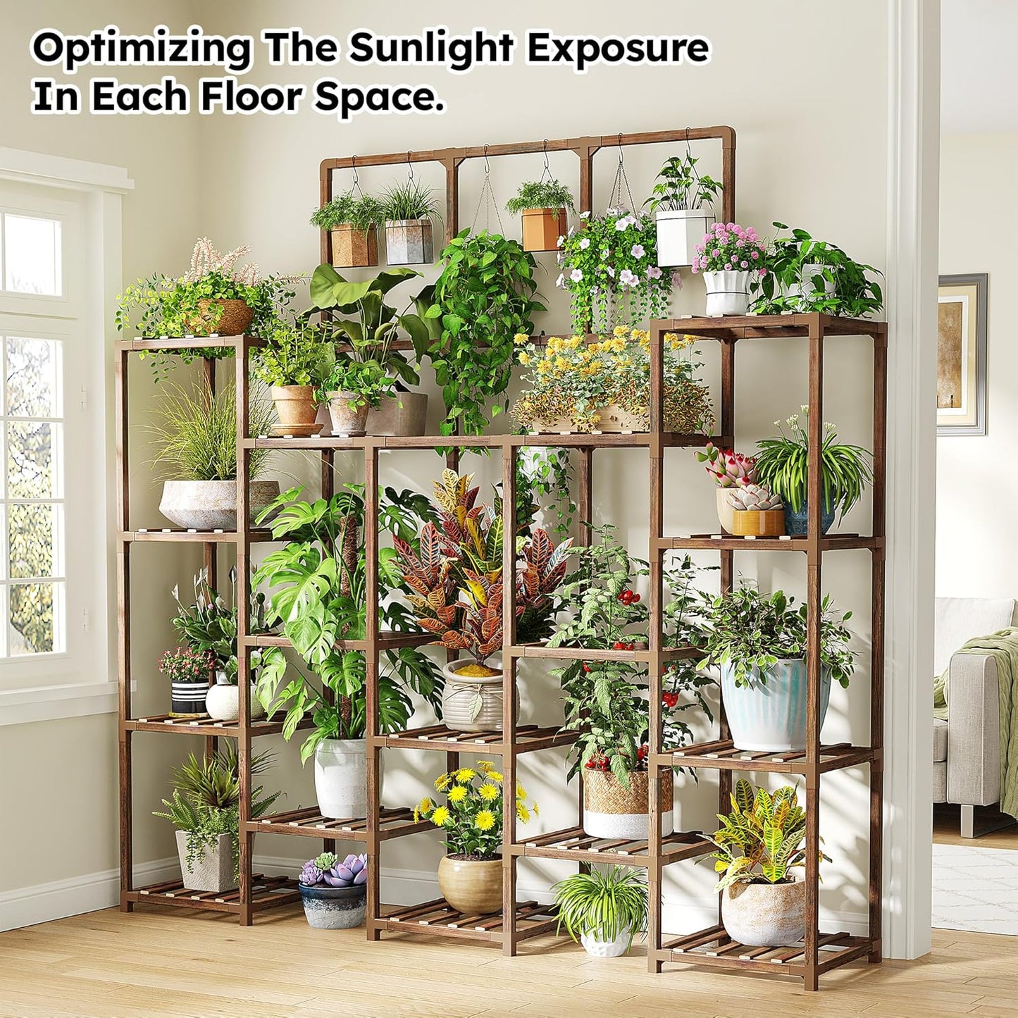 EnHomee 63''H Plant Stand Indoor Tall Plant Stands Outdoor with 7 Tiers and 14 Potted Upgrade Wood Plants Shelves Stand for Living Room Patio Balcony Yard Garden, 11.8''D×56''W×63''H