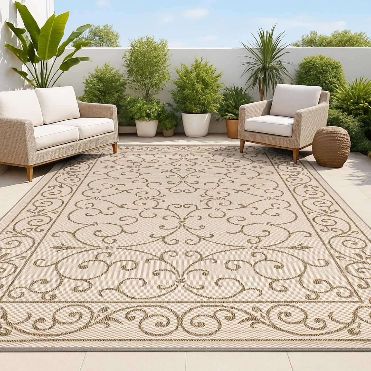 JONATHAN Y SMB106A-9 Charleston Vintage Filigree Textured Weave Indoor Outdoor Area Rug Classic Coastal Easy Cleaning Bedroom Kitchen Backyard Patio Non Shedding, 9 X 12, Beige/Brown