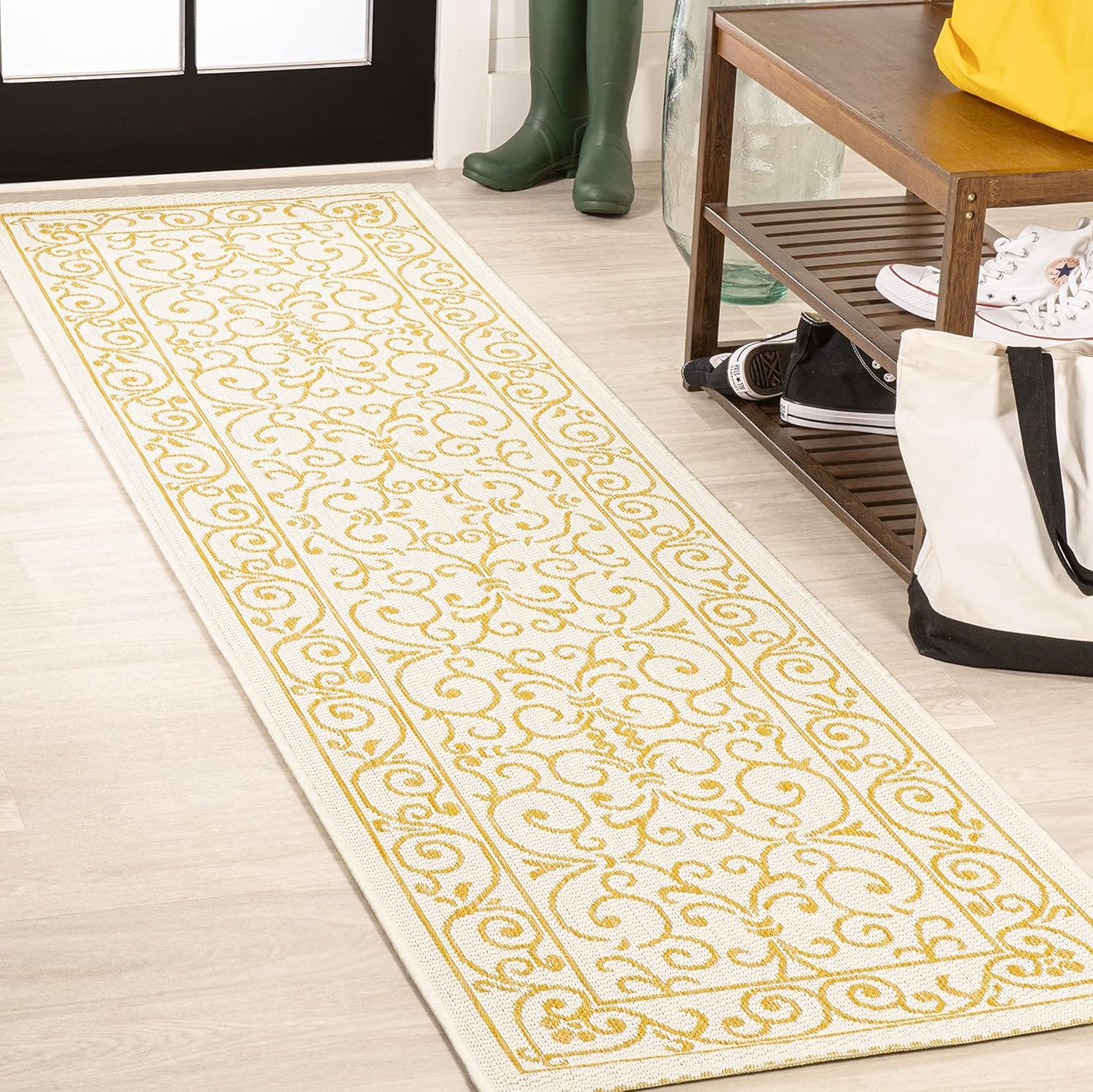 JONATHAN Y SMB106M-28 Charleston Vintage Filigree Textured Weave Indoor Outdoor Runner Rug, Classic, Traditional, Transitional Easy Clean,Bedroom,Kitchen,Backyard,Patio, Non-Shed, Cream/Yellow, 2 X 8