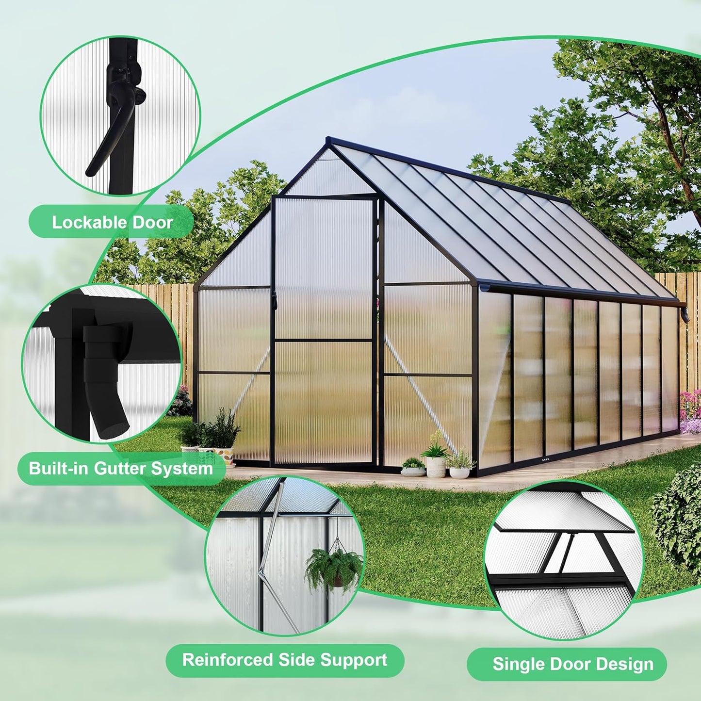 8'x16' Aluminum-Framed Polycarbonate Greenhouse, Heavy Duty Polycarbonate Greenhouse with Quick Setup Structure and Roof Vent, Large Enhanced Aluminum GreenhouseKit for Outdoors