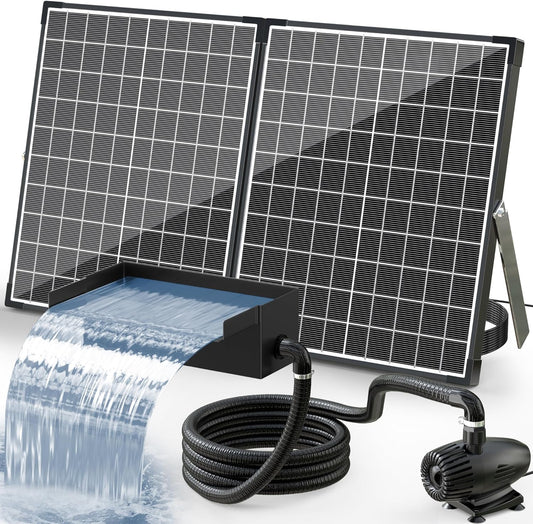 POPOSOAP 55W Solar Fountain Pump with Pond Waterfall Box, 304 Stainless Steel Pond Waterfall Spillway, Pond Spillway with 9.8FT PU Corrugated Tubing for Garden Waterfall,Water Features-P5552