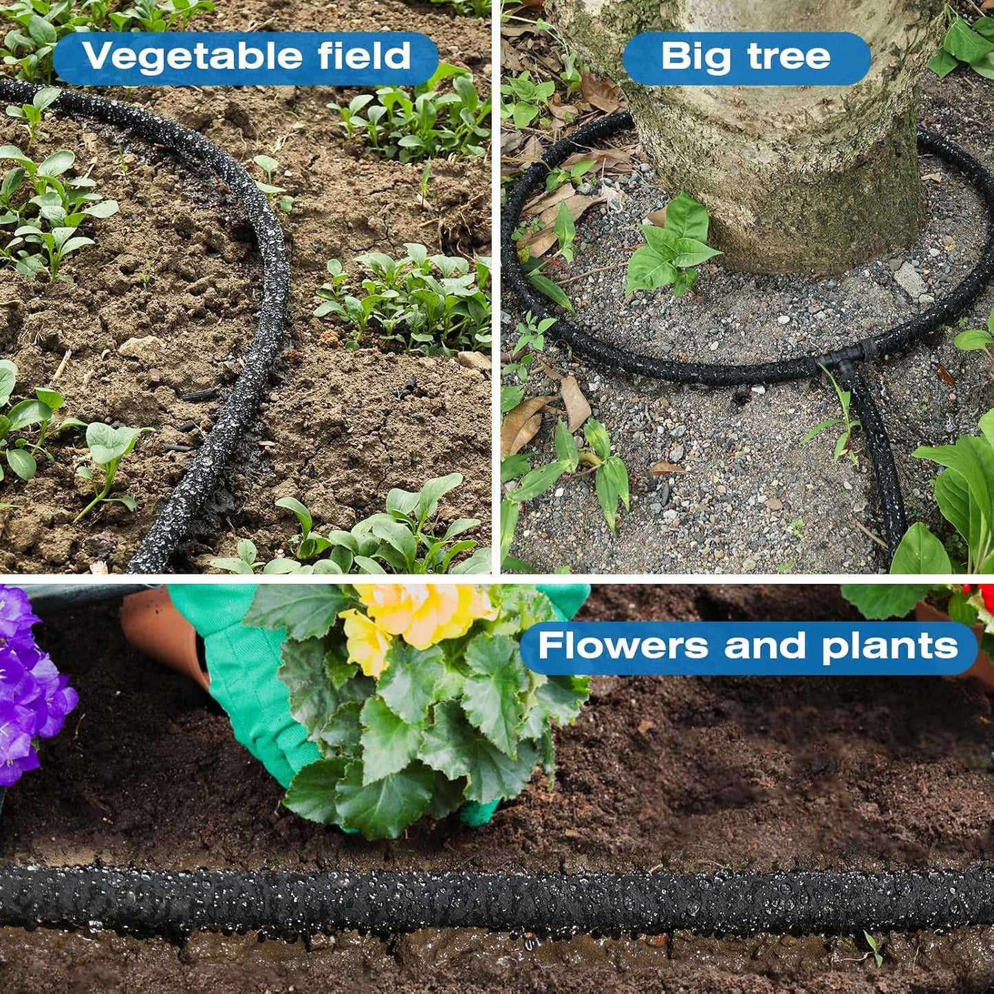 Soaker Hose 100FT Heavy Duty Rubber Saves 75% Water End Cap Included for Additional Hose Connect Great for Gardens/Flower Beds