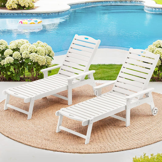 LUE BONA Outdoor Chaise Lounge Chairs Set of 2, 79'' Oversized HDPS Chaise Lounger, 5 Positions Adjustable Lounge Chairs, Pool Lounge Chair with Wheels for Poolside, 3 Year Warranty, White