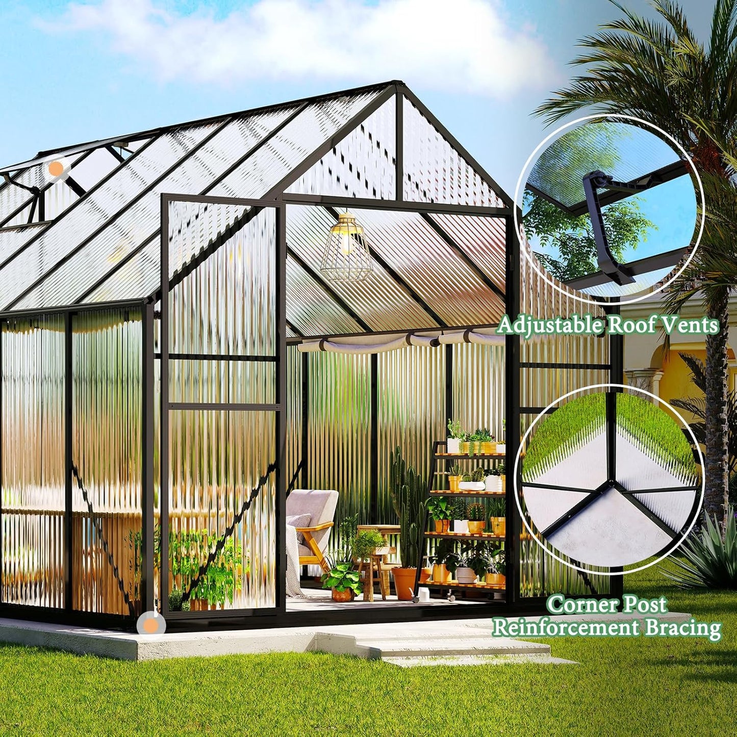 Amerlife 8x10x7 FT Polycarbonate Greenhouse for Outdoors, Walk-in Design with Aluminum Frame, 2 Windows and Swing Door, Heavy-Duty Greenhouse Construction for Garden, Black