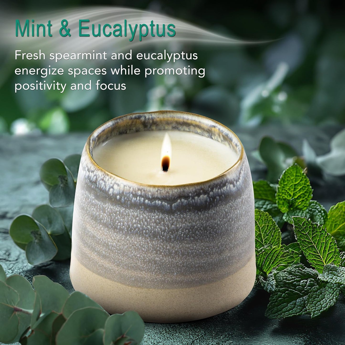 The Growing Candle, Mint & Eucalyptus Scented, 10oz Ceramic Pot, Aromatherapy Candles, 100% Soy, Greta