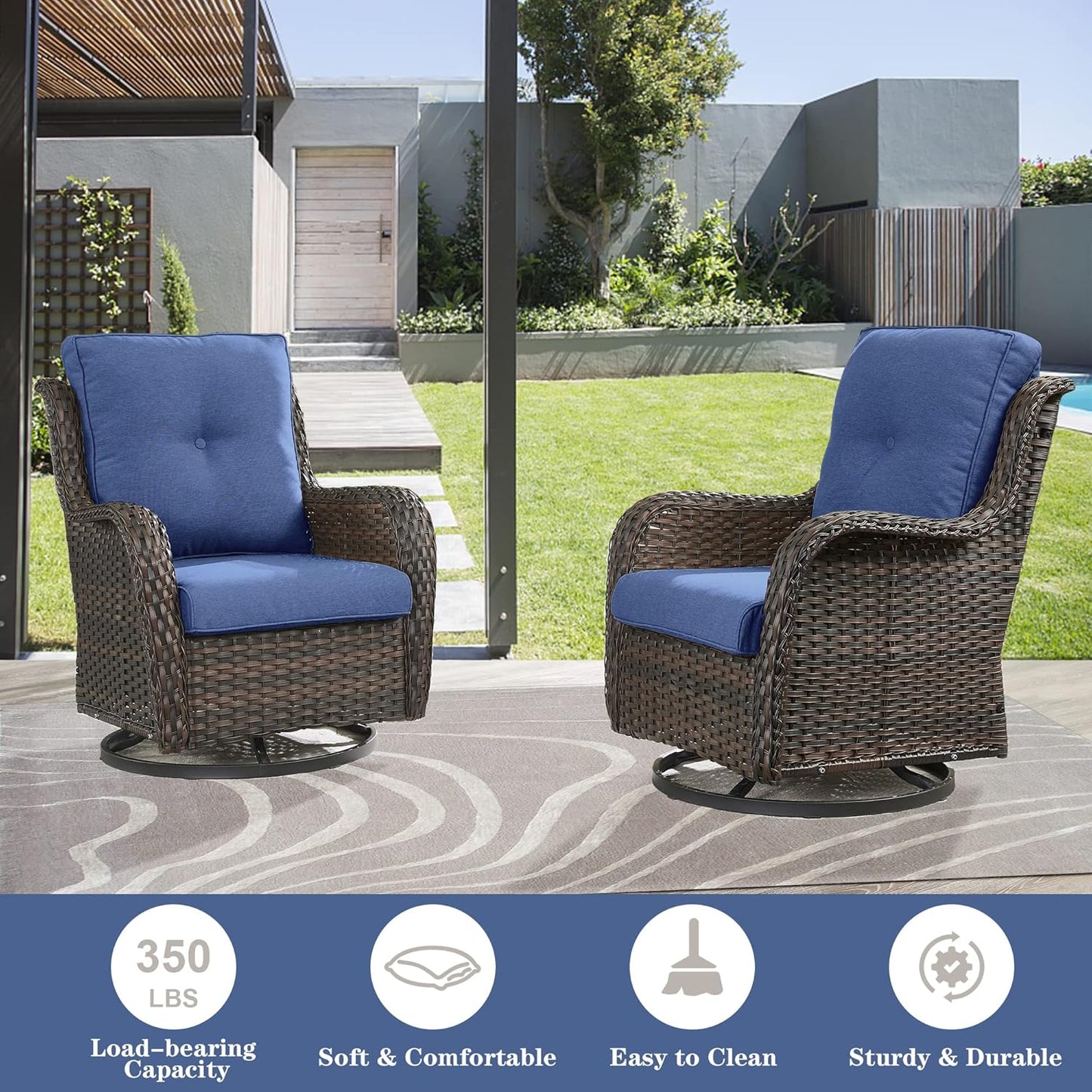 Outdoor Furniture Sectional Sofa L Shaped Couch - Patio Wicker Set with 2 Swivel Glider Chairs, 5 Piece Rattan Patio Conversation Sets with Blue Cushion for Deck Backyard Sunroom