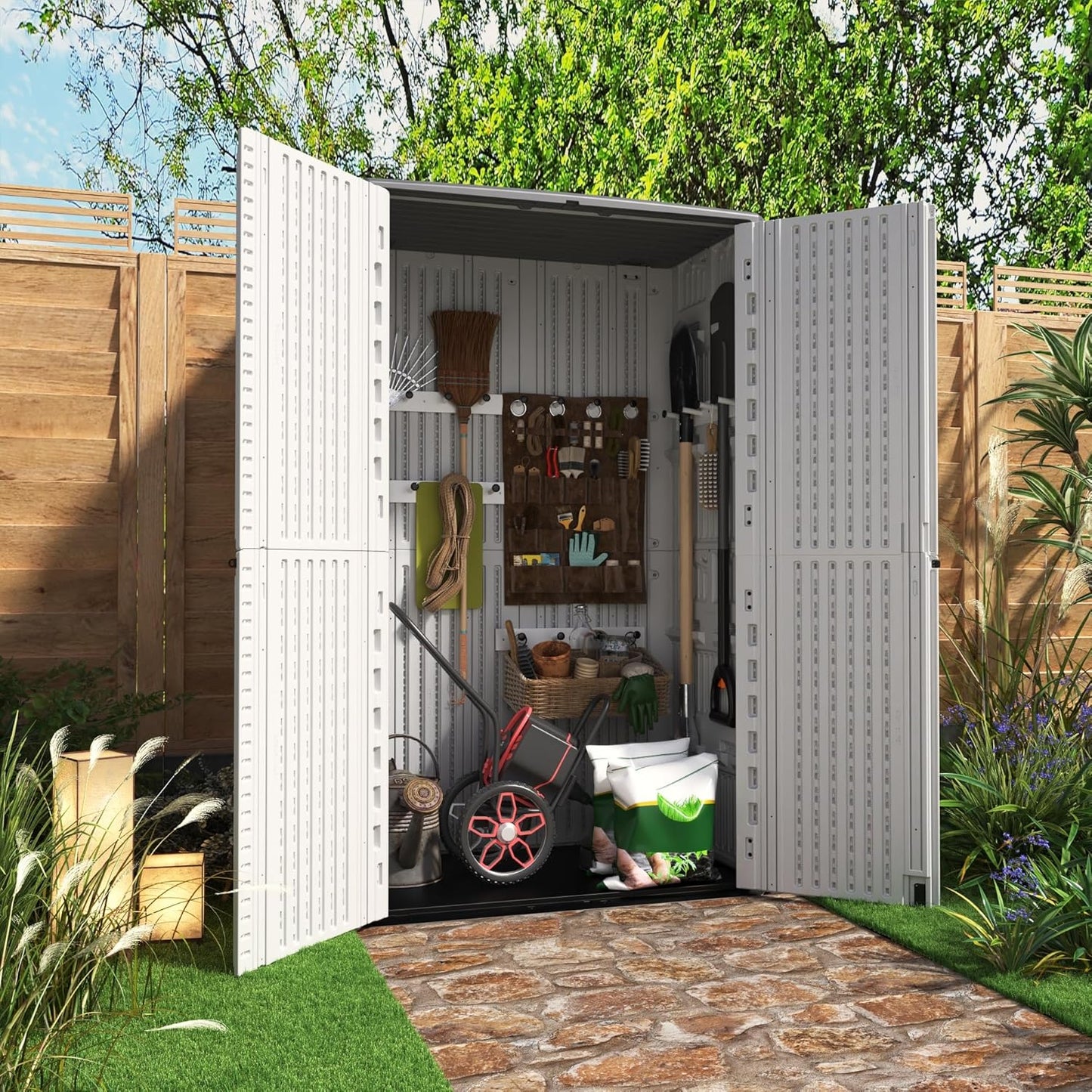 KINYING Outdoor Storage Cabinet Waterproof, Resin Vertical Outdoor Storage Shed for Patio Furniture, Garden Tools, Pool Accessories, Mower Storage (66 Cu.ft, Off White)