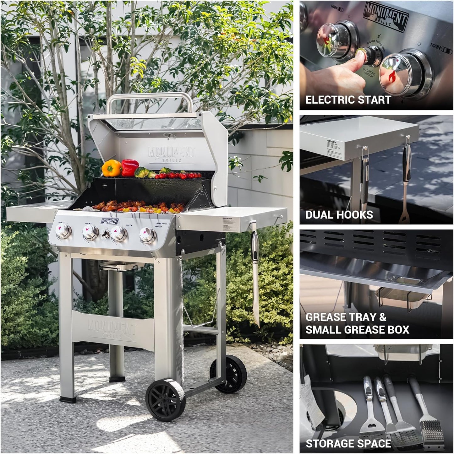 Monument Grills 4-Burner Liquid Propane Gas Grill, Silver Stainless Steel Grill Outdoor Patio Garden Barbecue Grill with Clearview® Lid and One Foldable Shelf, Mesa400MF