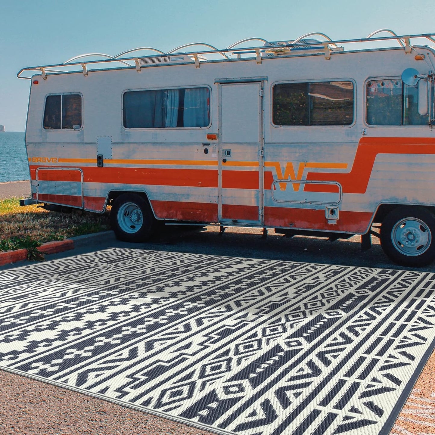 RV Waterproof Mat Outdoor Rugs 9'x12' for Patios Clearance Carpet Camping, Large Plastic Straw (9x12ft Geometric Boho Grey&White)