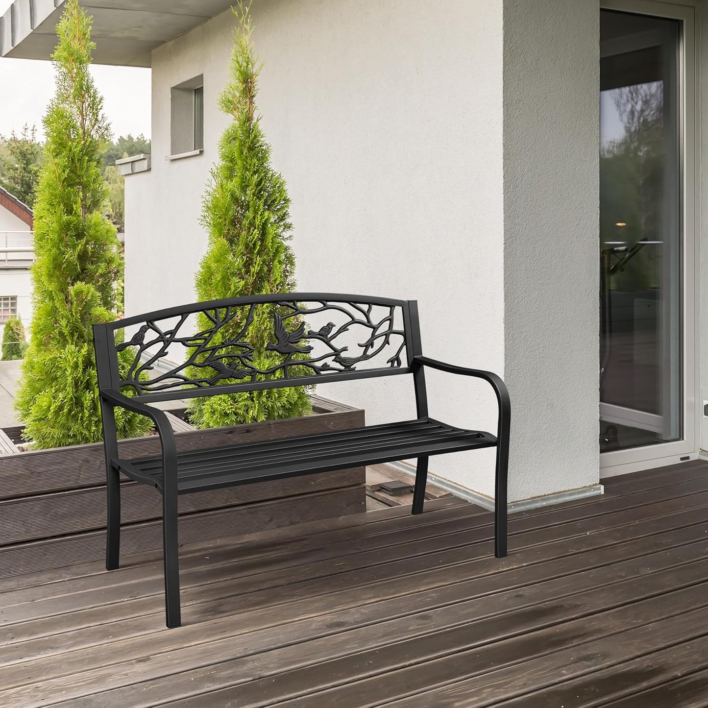 Yaheetech Outdoor Garden Bench Patio Furniture Chair Outdoor with Vintage Bird Pattern Backrest, Slatted Seat, Antique Metal Bench for Yard & Porch & Park, Black