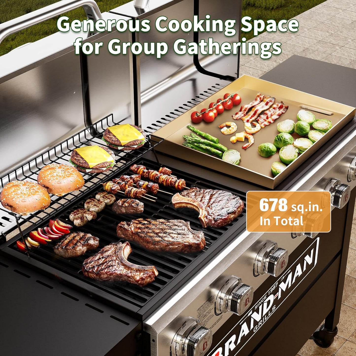 Brand-Man Griddle Grill Combo 6-Burner, 2 in 1 Versatile Propane Gas Grill and Griddle with Double Stainless Steel Lids, BBQ Combo for Outdoor Kitchen & Backyard Barbecue Cooking