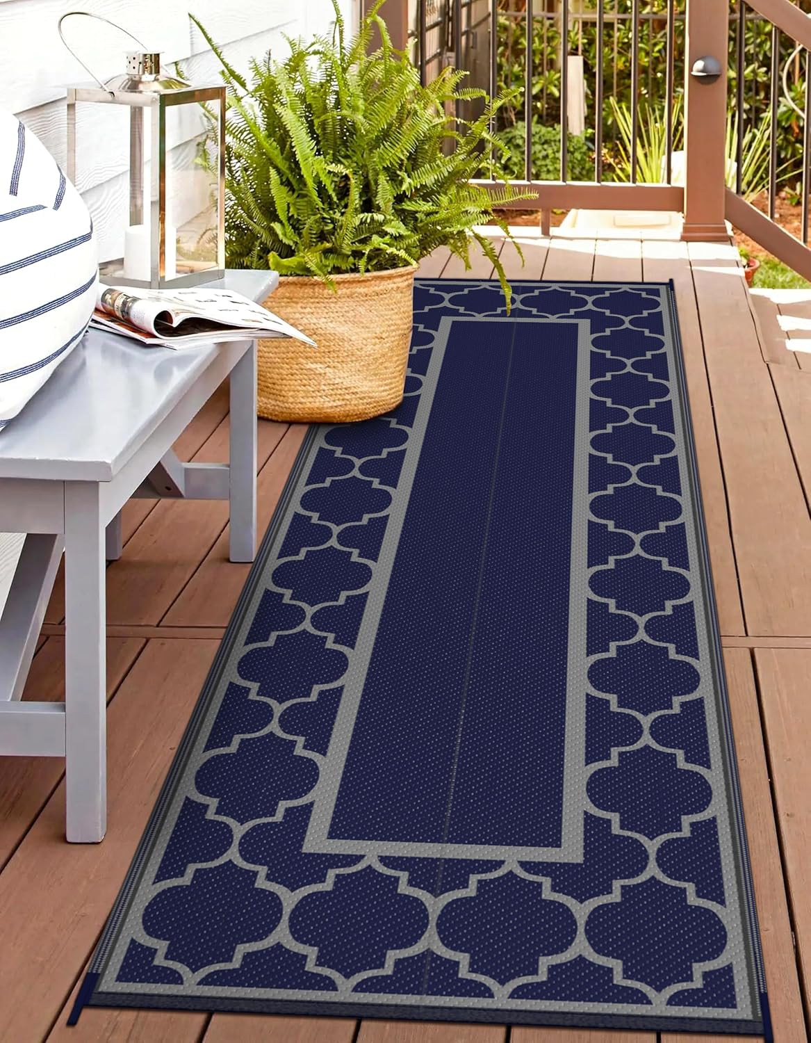 GENIMO 2.5 ' x 8 ' Outdoor Rug for Porch Patio Clearance, Waterproof Indoor Outdoor Plastic Straw Rugs Carpet, Reversible Outside Area Rv Mat for Camping, Balcony, Deck, Picnic, Beach (Blue & Gray)