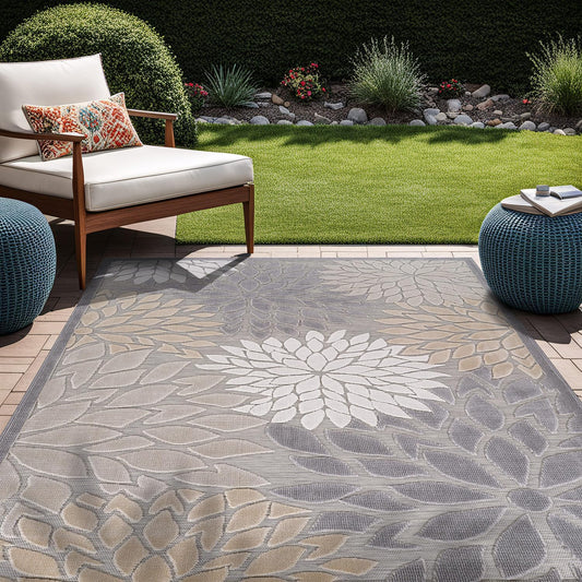 Beverly Rug Outdoor Rug 6x9 Modern Floral Tropical Area Rugs for Indoor and Outdoor Patio Easy to Clean Non Shedding Living Room Porch Garden Washable Outside Carpet (6 x 9 Gray)