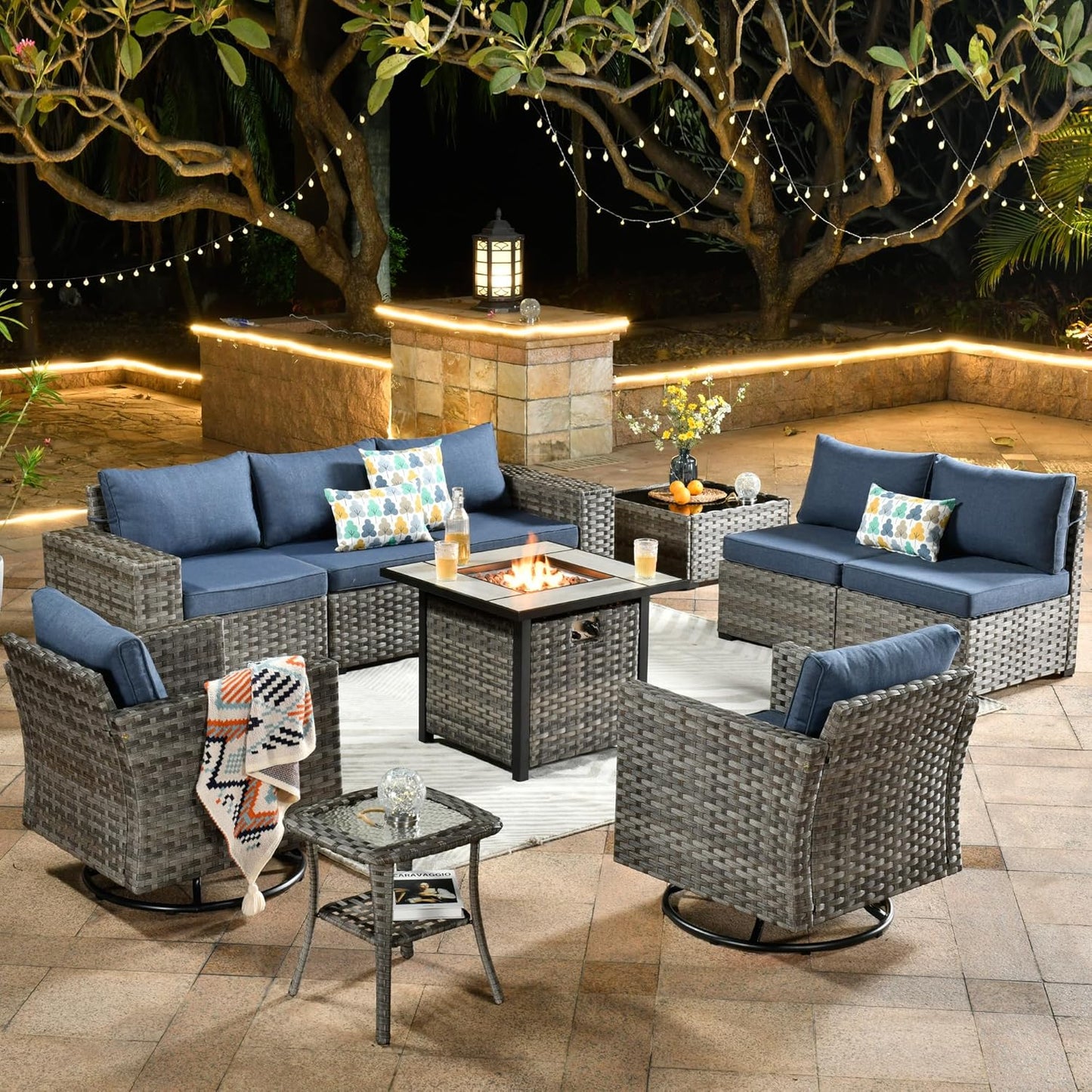 HOOOWOOO 10 Piece Modular Patio Outdoor Sectional Furniture Set with Gas Propane Fire Pit Table,Wicker Conversation Sofa Set with Swivel Chairs,Outside Couch Set(Denim Blue)
