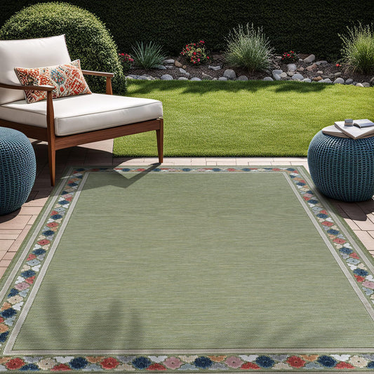 Beverly Rug Outdoor Rug 10x14 Modern Bordered Large Area Rugs for Indoor and Outdoor Patio Easy to Clean Non Shedding Living Room Porch Garden Washable Outside Carpet (10 x 14 Green)