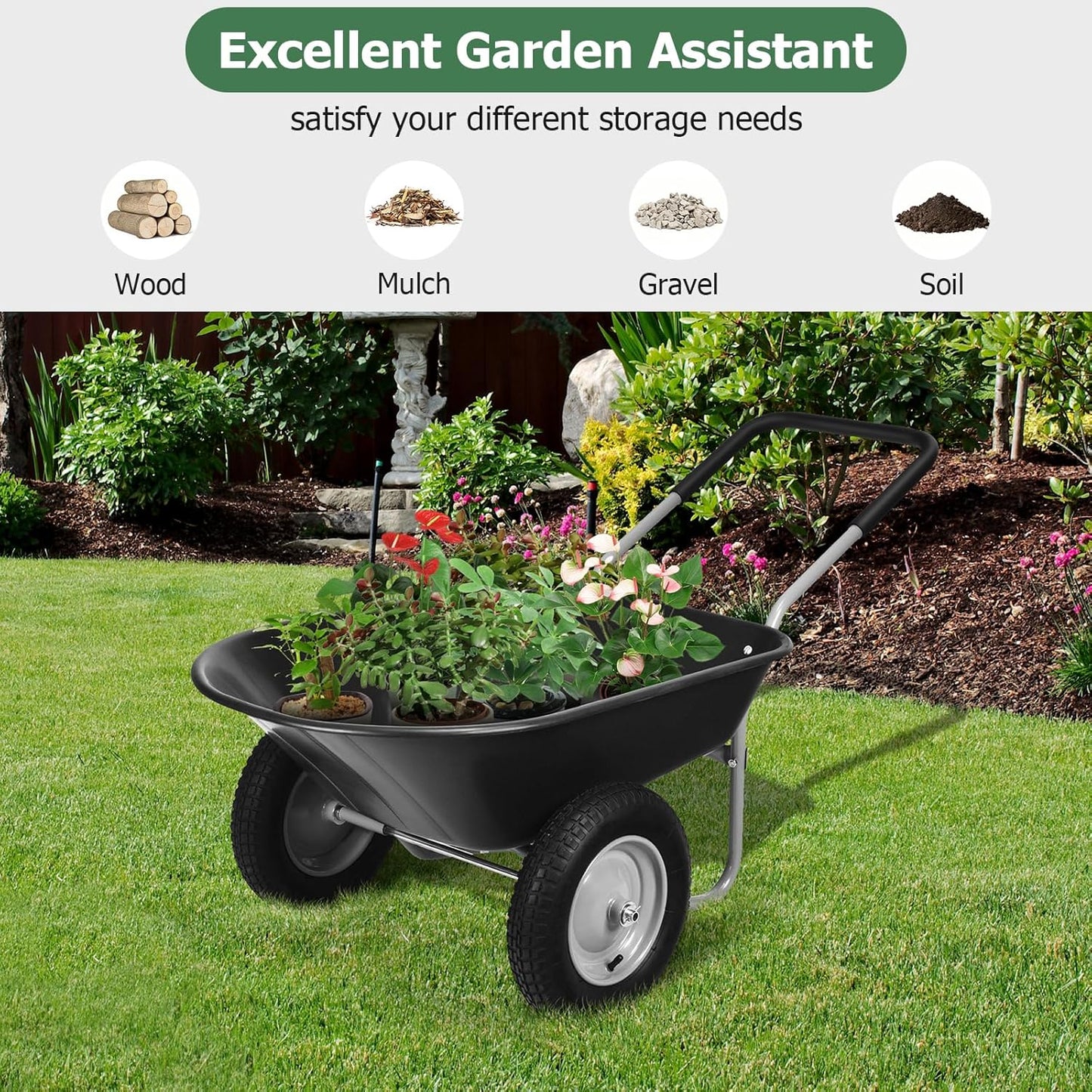 ERGOMASTER Dual-Wheel Wheelbarrow, Home Utility Garden Cart, 330 LBS Capacity, Large Heavy Duty Yard Cart for Gardening & Planting, Lawn, Farm, Construction Site, Black