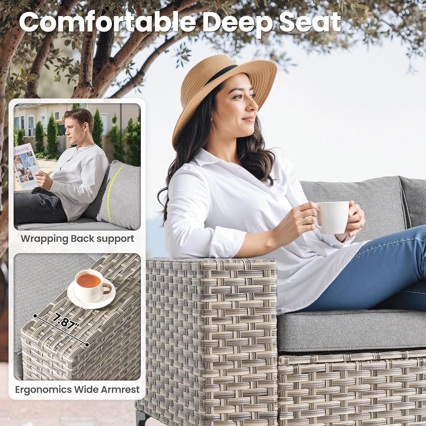 ovios 8 Pieces Patio Furniture Set Outdoor Sectional Sofa Couch with Rocking Swivel Chairs Deep Seat Chaise Comfy Cushions, Modern Modular Wicker Rattan Conversation Set, Dark Grey