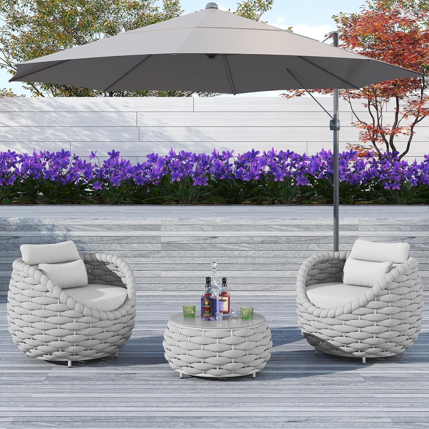 TWT 3 Pieces Aluminum Patio Furniture Set, Hand Woven Textilene Rope Outdoor Sofa Set w/Washable Cushion and Rock Slab Tabletop, Conversation Furniture for Livingroom Poolside Balcony (Grey)