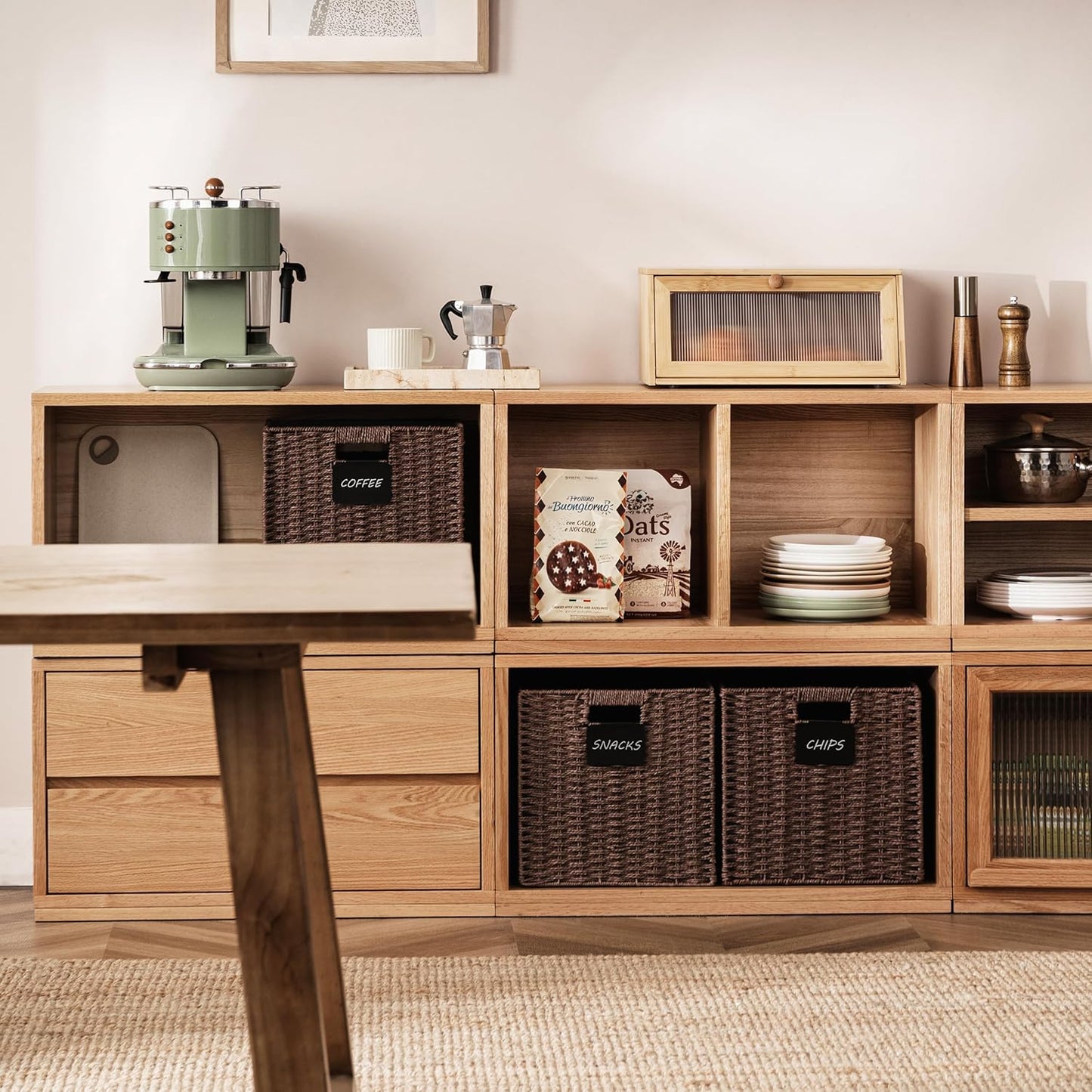 UBBCARE 4 Pack Wicker Basket, 13×13 Storage Cubes with Label, Foldable Cube Storage Bin with Handle, Square Storage Basket for Shelves, Woven Paper Rope Basket for Organizing, Brown