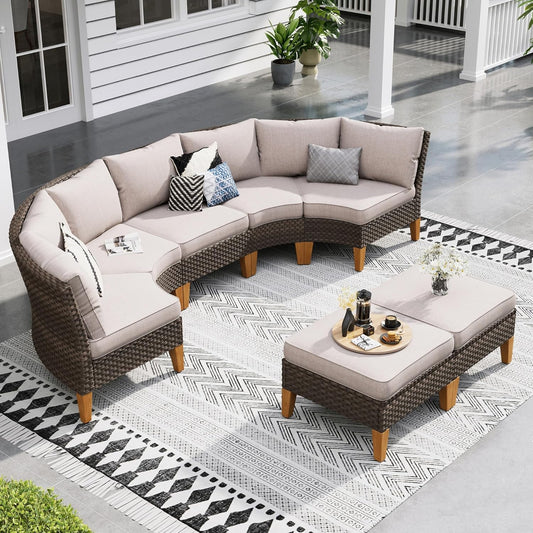 Sophia & William Half Moon Patio Furniture Set 7 Piece Outdoor Sectional Sofa Set, Wicker Patio Conversation Set with 2 Curved Sofa, 1 Armless Chairs, 2 Ottoman for Pool, Deck, Lawn (Beige)