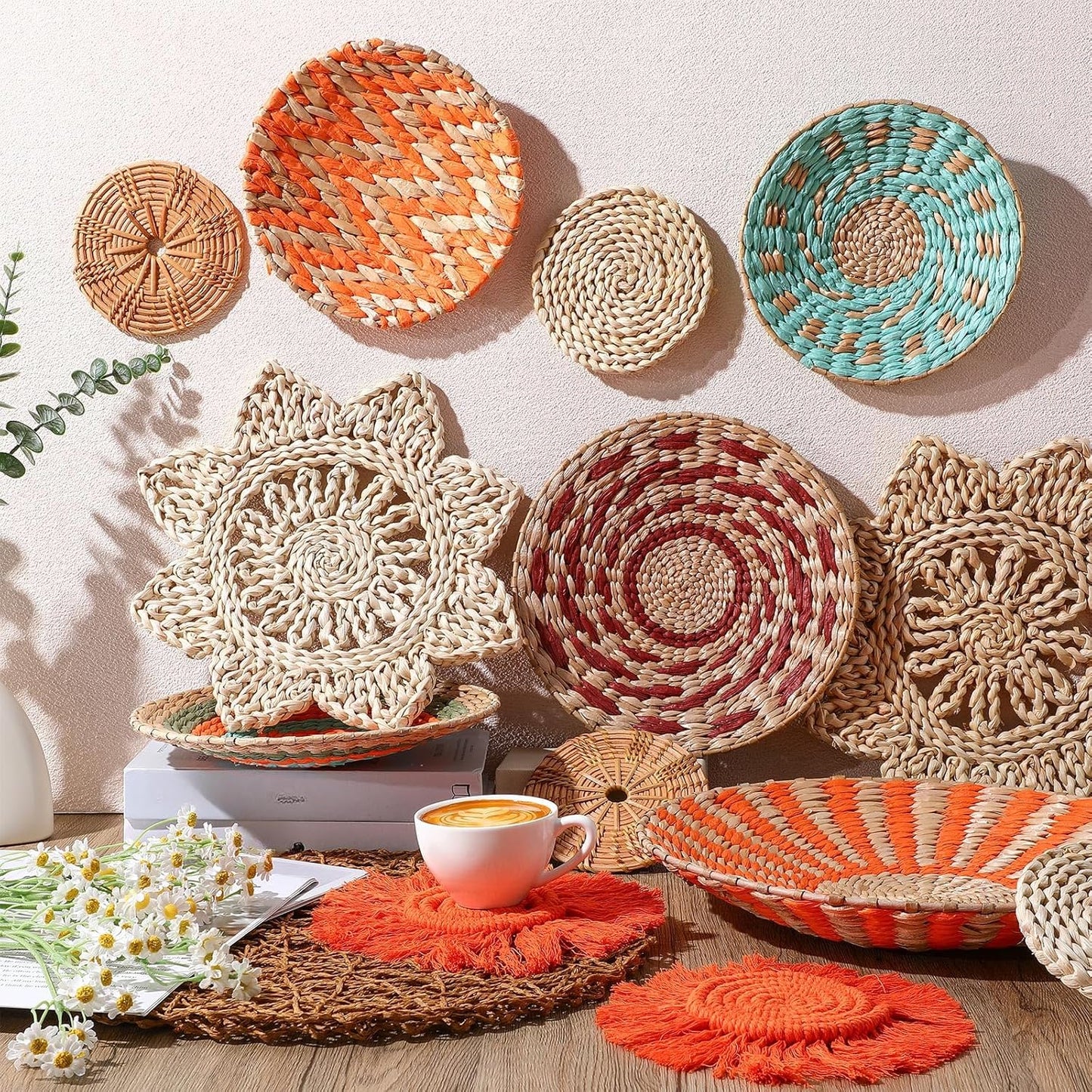 15 Pcs Boho Wall Basket Decor Woven Rattan Seagrass Wall Decor Hanging Rustic Farmhouse Western Art Decoration for Nursery Living Room Bedroom Home Kitchen(Orange Style)