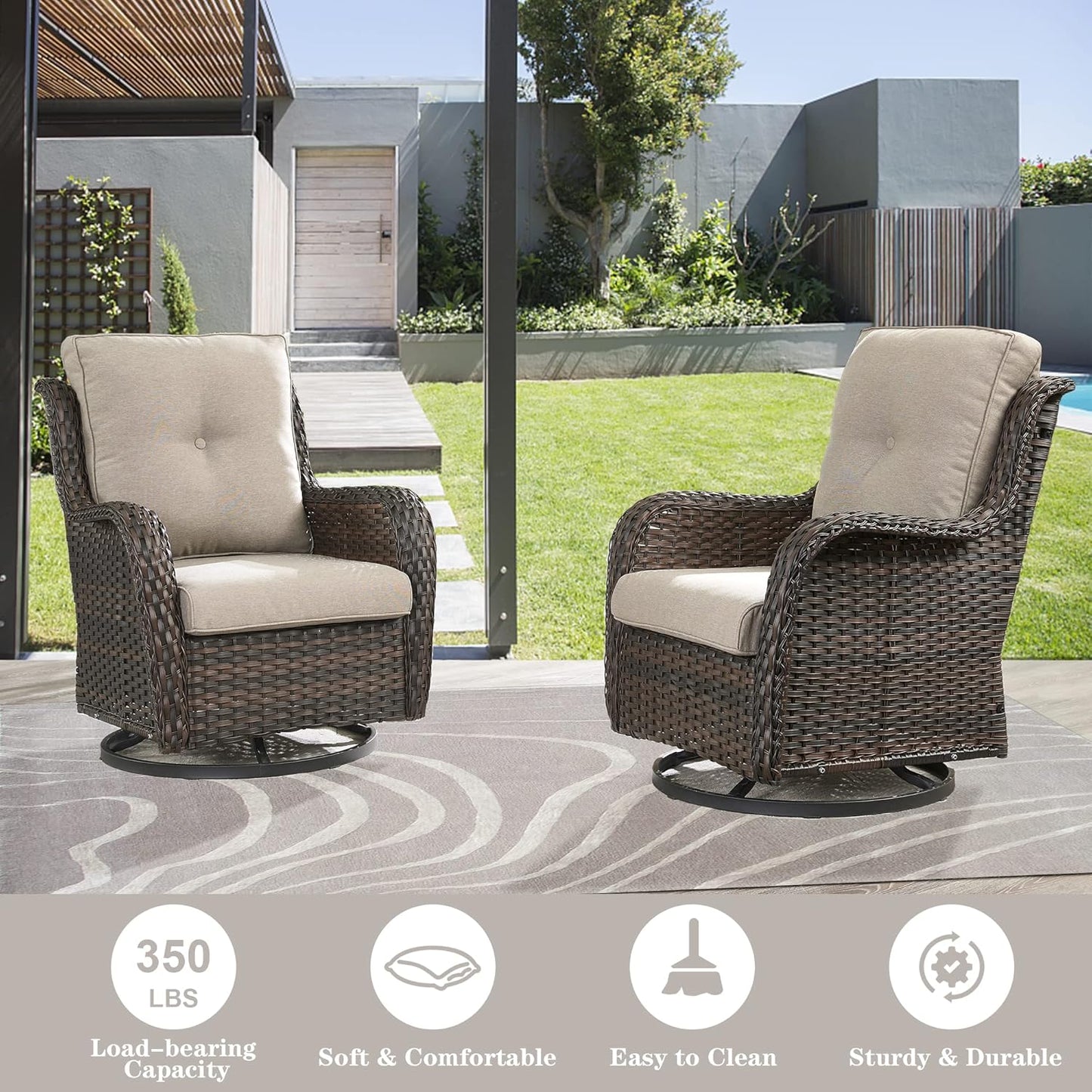 Wicker Patio Furniture Sets - 8 Piece Outdoor Rattan Furniture Conversation Sets with 4 Swivel Rocker Chairs, Rattan Sofa, Wicker Ottomans and Coffee Table, Brown/Beige