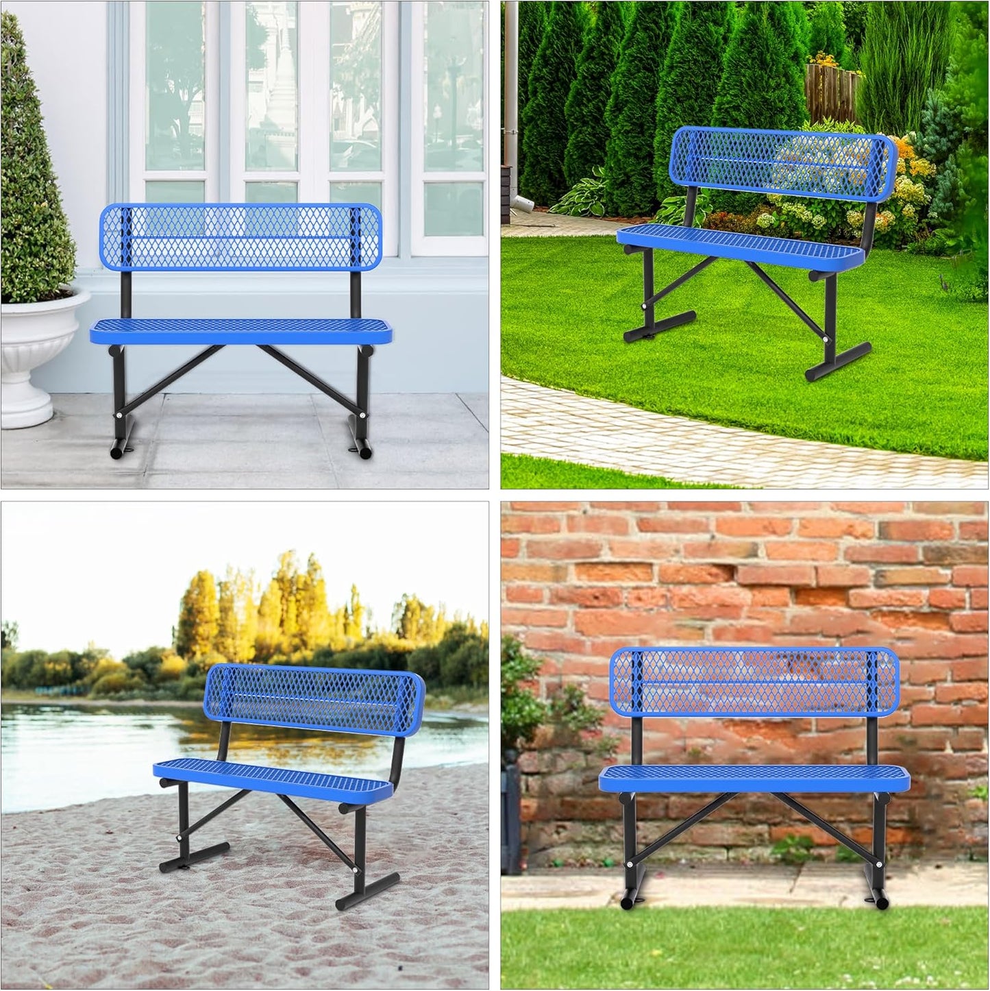 Heavy Duty Park Bench with Back Portable Frame, Outdoor Steel Bench with Backrest, Outdoor Park Bench Expanded Metal Mesh Bench for Lawn, Park, Deck, Garden, Patio, Porch, Black (Blue, 4FT)