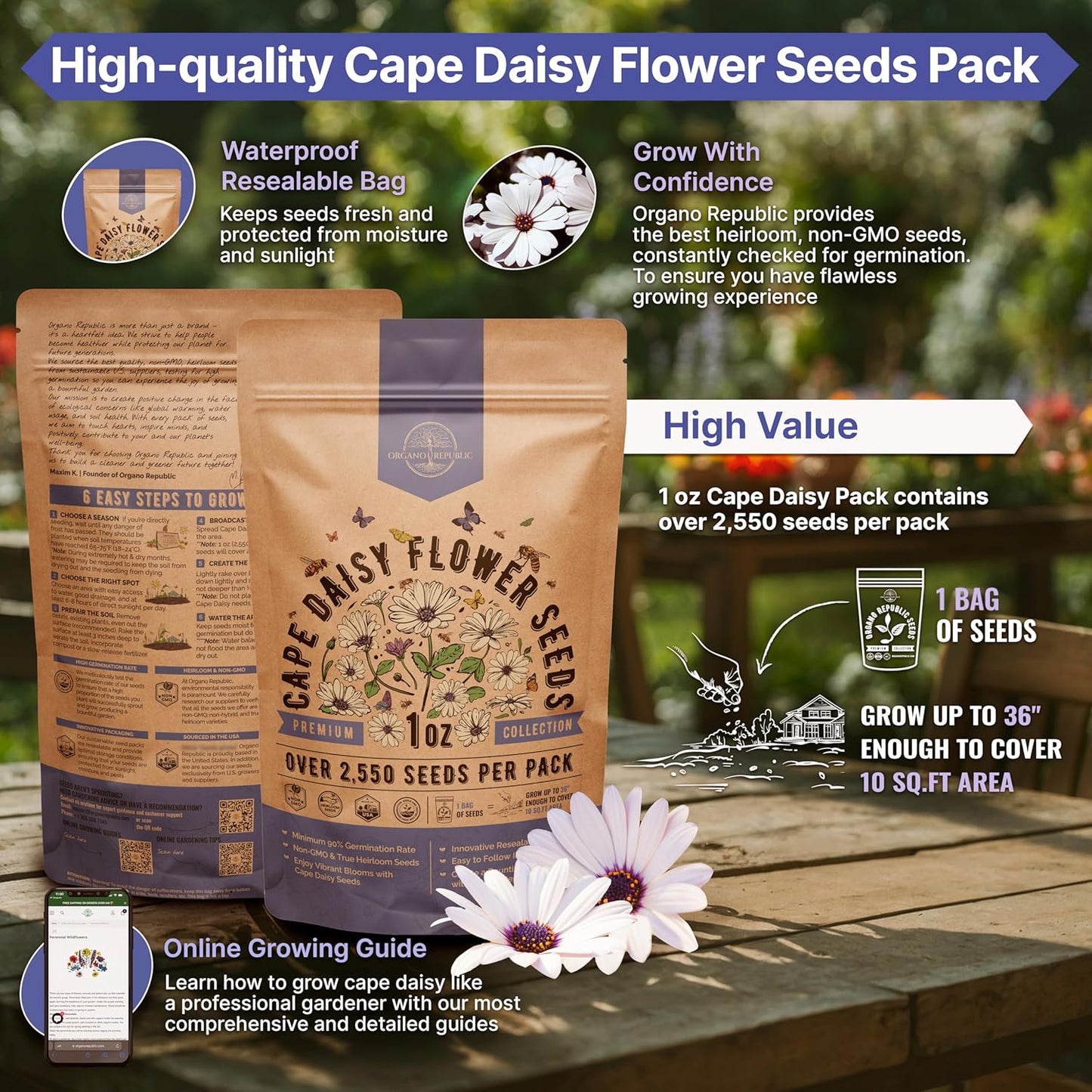 Cape Daisy Flower Seeds Pack 1 oz - Over 2,550 Non-GMO Heirloom Cape Daisy Seeds for Planting, Perennial Flowers in Individual Seed Packet, Seed for Planting Home Garden Indoor & Outdoor Gardening