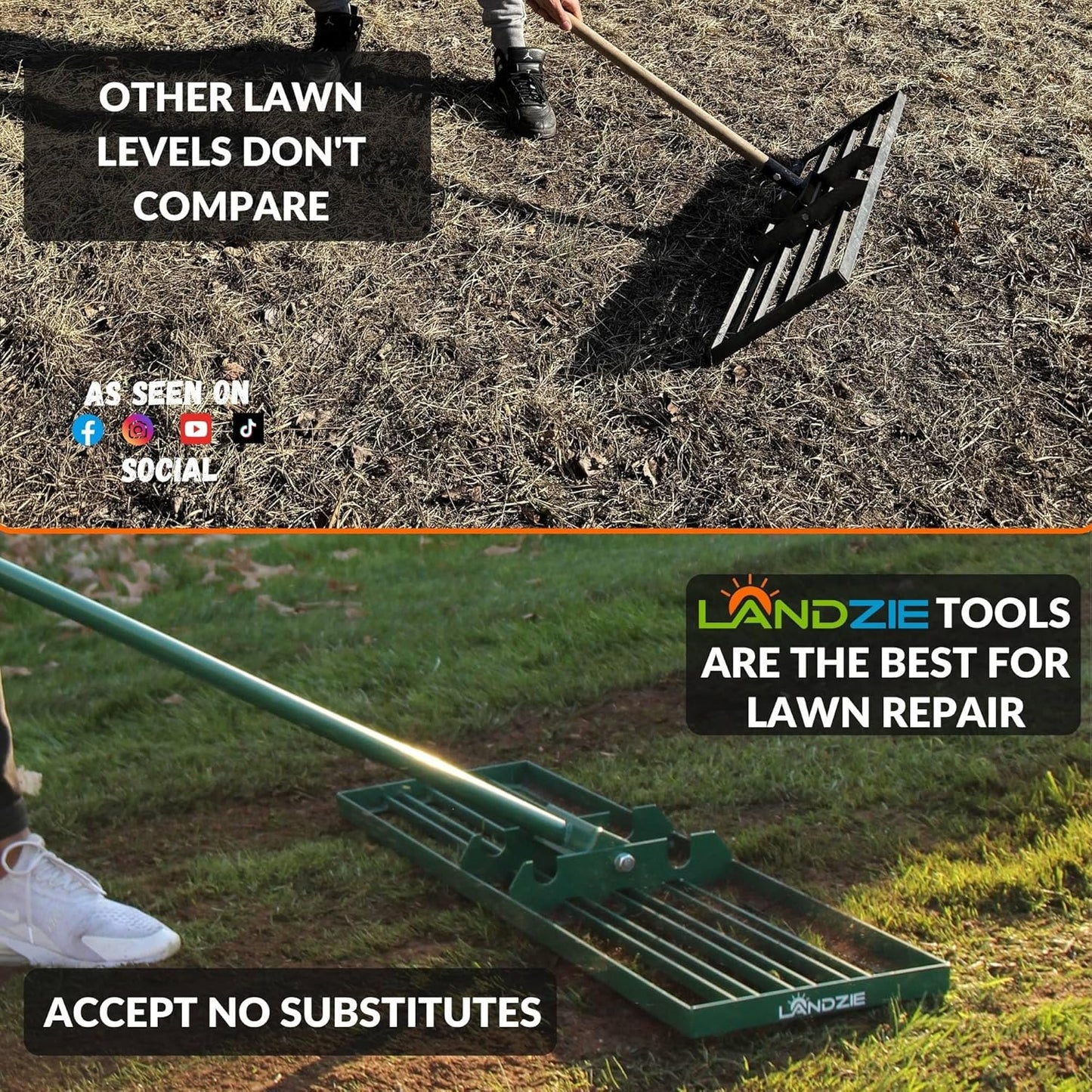 LANDZIE - The Original Lawn Leveling Rake – 24" Steel Handle Yard Leveler, Lawn Level Tool for Creating a Flat Surface - Works for Soil, Dirt, Topdressing, and Ground