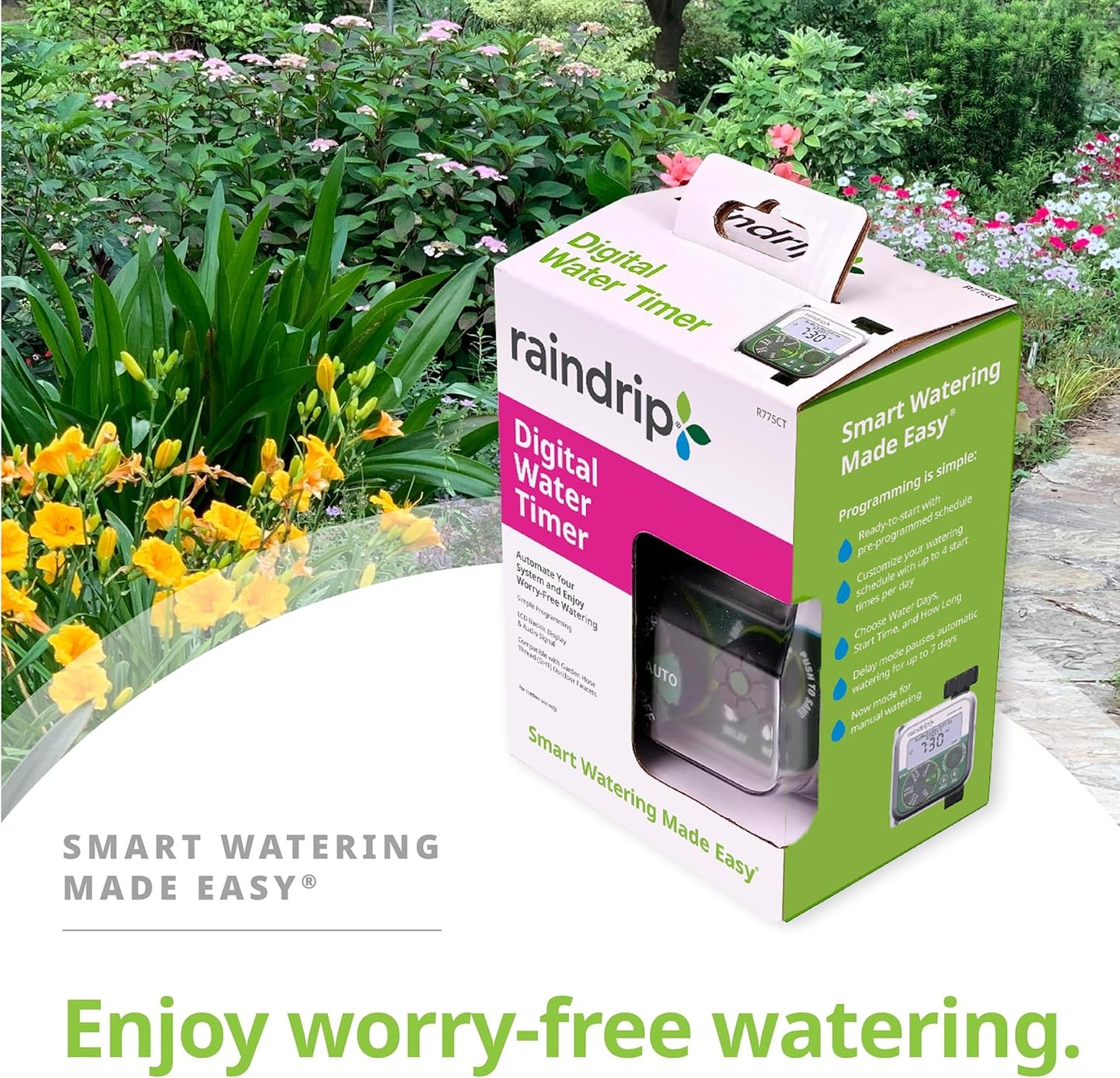 Raindrip Digital Hose-End Automatic Water Timer, Connects to Garden Faucets and Hose Bibbs, with Back-Lit LCD Screen for Drip Irrigation, Garden, Self-Watering, Grey