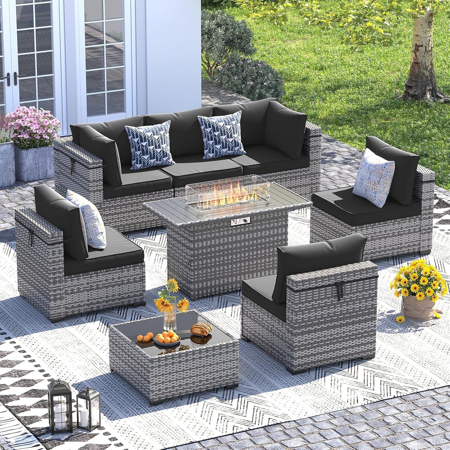 UDPATIO Patio Furniture Set with Fire Pit Table, 8 Piece Outdoor Sectional Modular Sofa, Wicker Outdoor Furniture Conversation Sets with Waterproof Cover for Backyard Deck(Grey/Black)