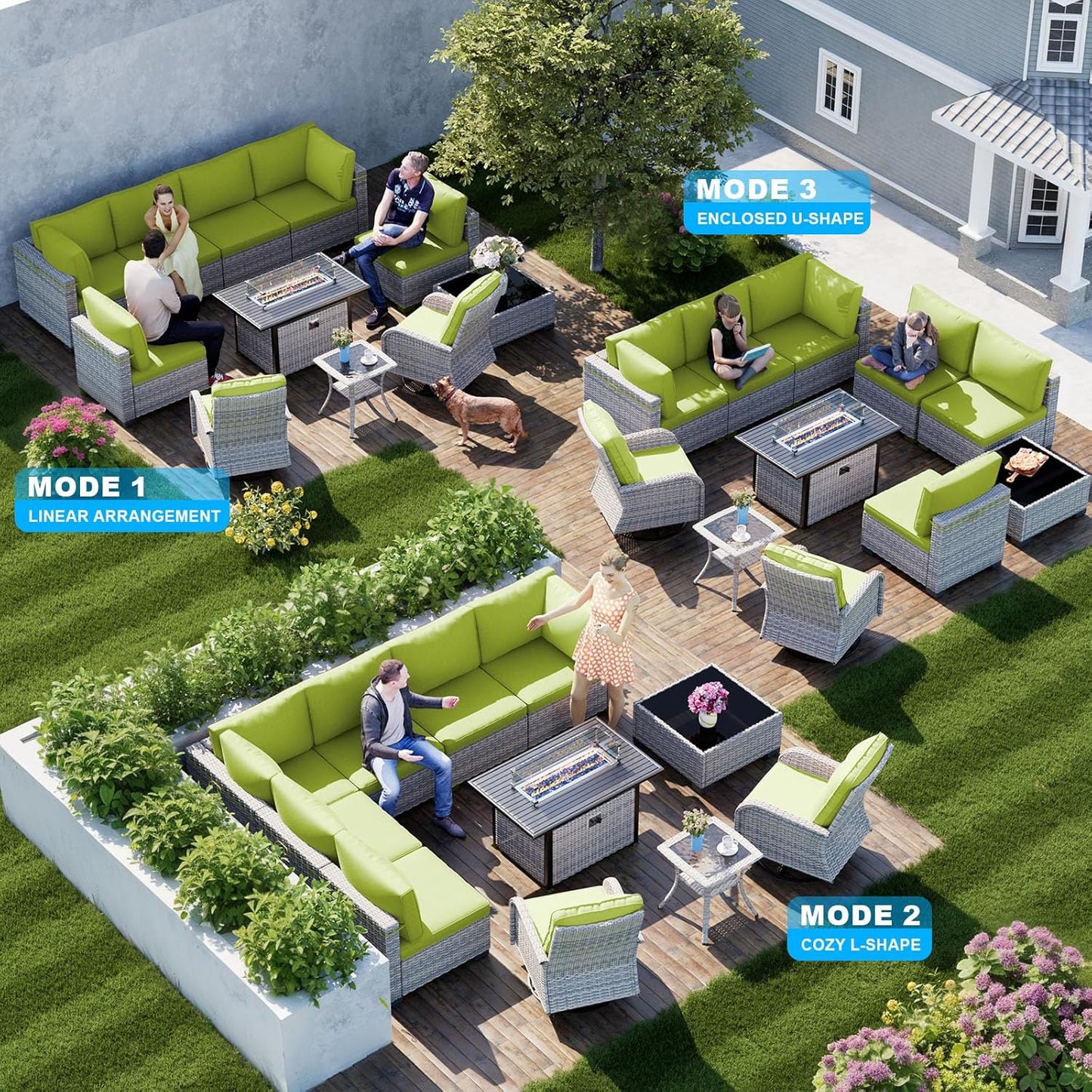 11-Piece Patio Furniture Set, Outdoor Patio Furniture with 55,000 BTU Fire Pit Table, Swivel Chairs Set, Thick Cushions, Modular Patio Sofa, Dual-Strand Rattan, Rust-Resistant Frame, Grass Green