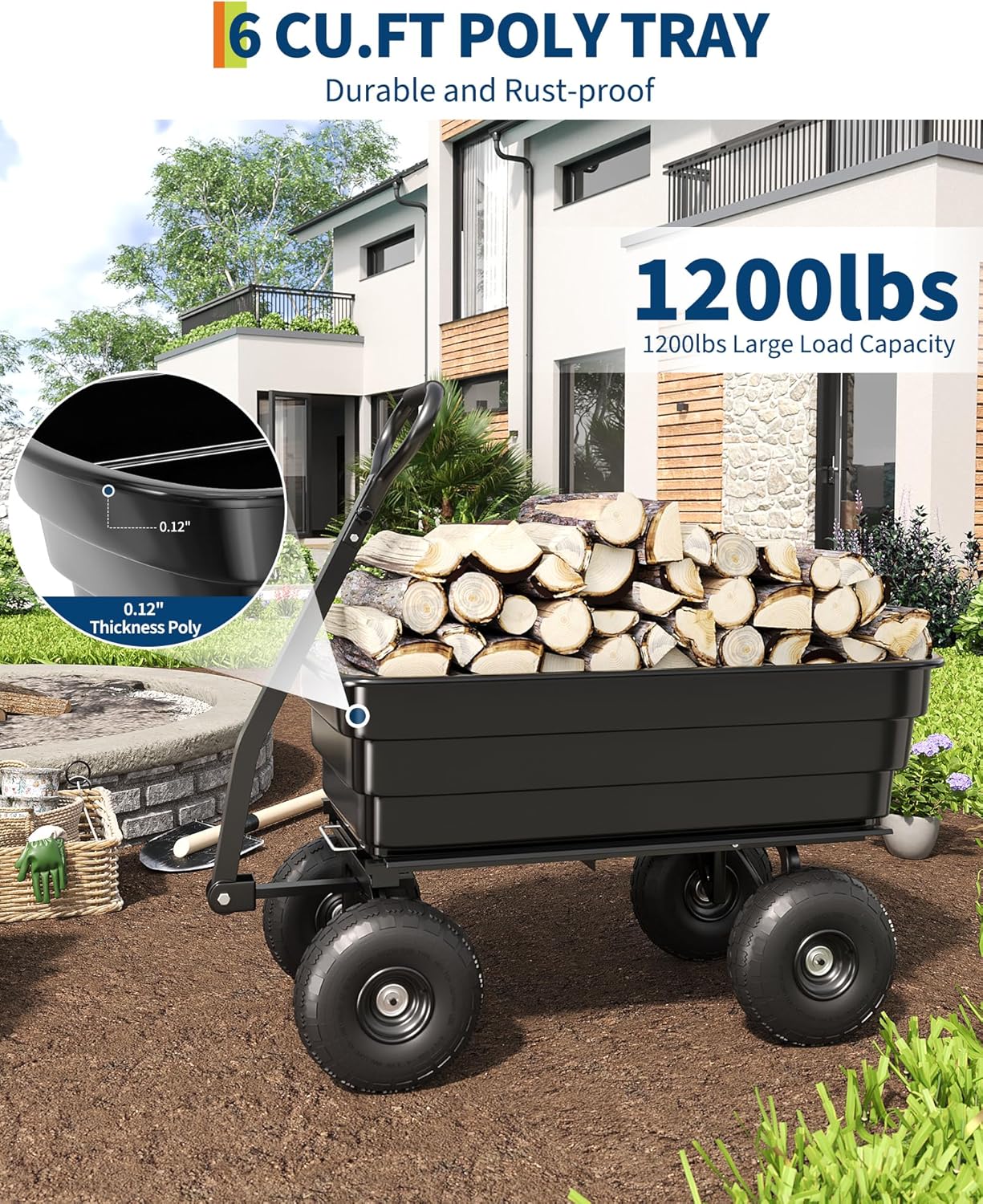 Poly Dump Cart - Heavy Duty 1200lbs Garden Cart with Quick-Release Dumping & No-Flat 13" Tires, Utility Wagon for Yard Work, Landscaping, Gardening