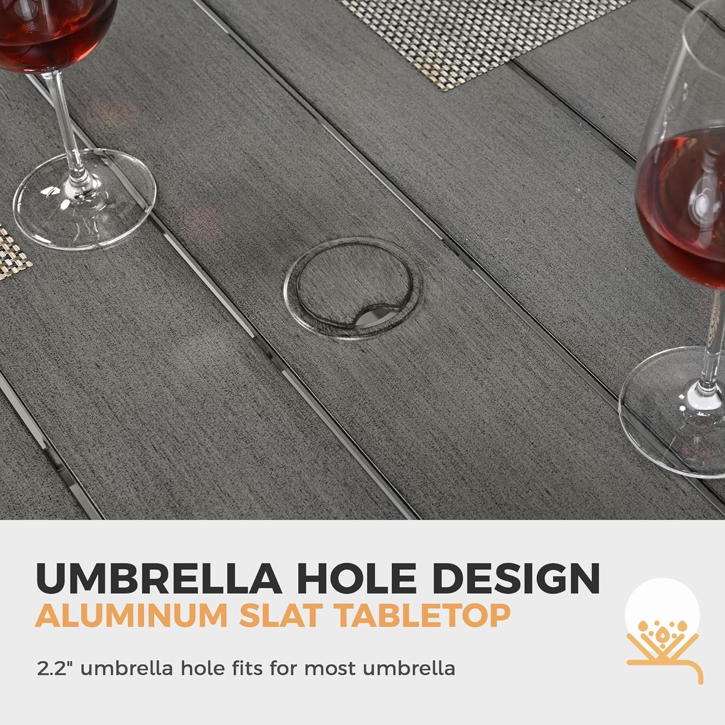 HAPPATIO Patio Dining Table for 6, Large Rectangle 60"×36.2", Patio Aluminum Slat Dining Table with 2.2" Umbrella Hole, All Weather Outdoor Table for Lawn, Garden and Poolside