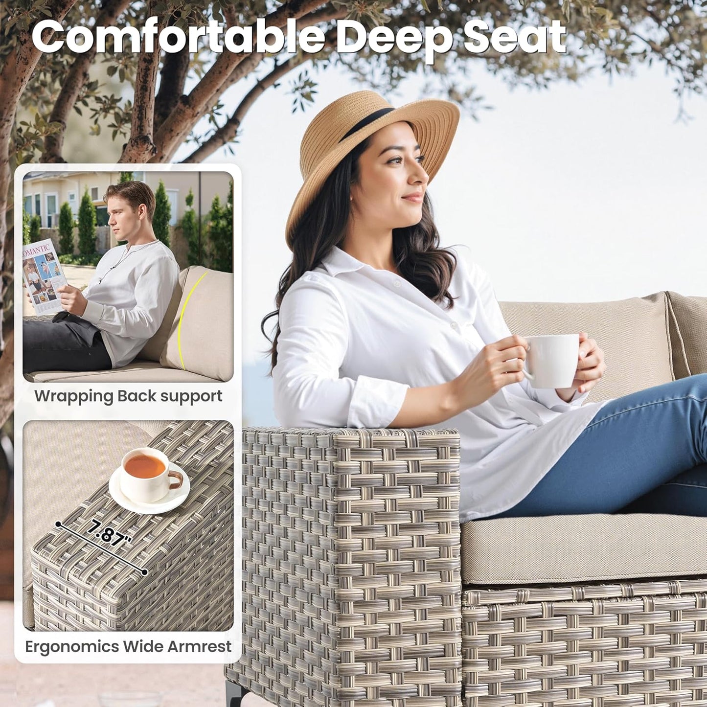 ovios 5 Pieces Patio Furniture Set Outdoor Sectional Sofa Couch with Deep Seat Chaise Comfy Cushions, Modern Modular Wicker Rattan Conversation Set Porch Deck Garden, Beige