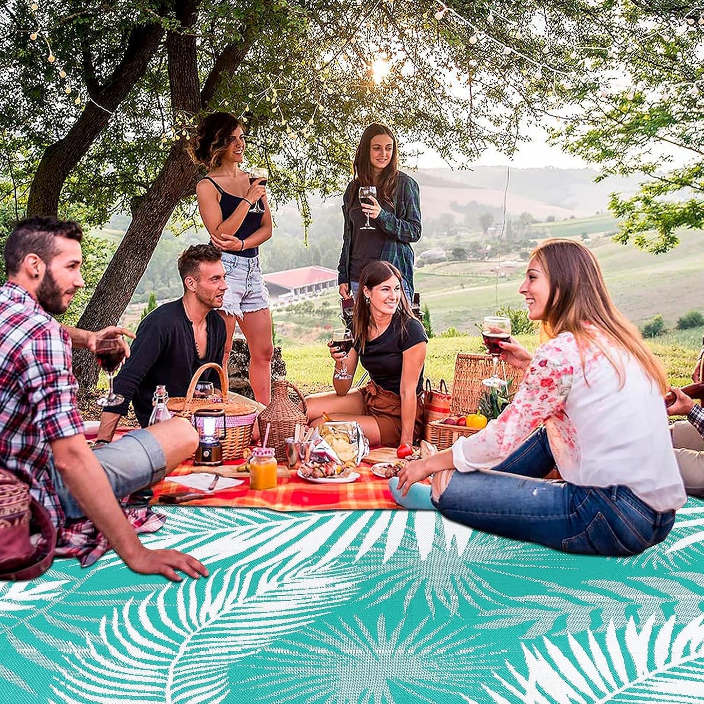 Outdoor Rug 8'x10' Waterproof for Patios Clearance, Reversible Outdoor Plastic Straw Rug Camping Carpet, Outside Floor Mats Large Area Rugs for RV,Patio,Deck,Porch, Beach,Balcony,Teal&White